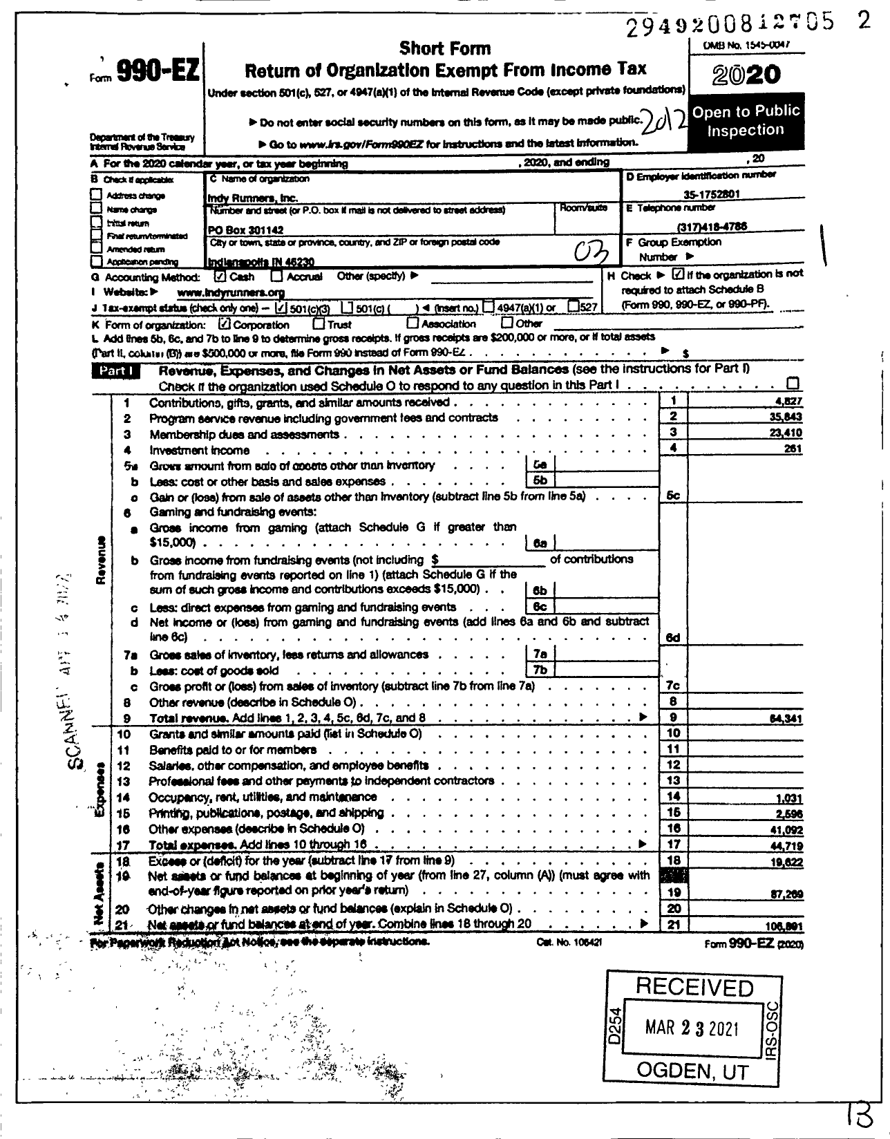 Image of first page of 2020 Form 990EZ for Indy Runners