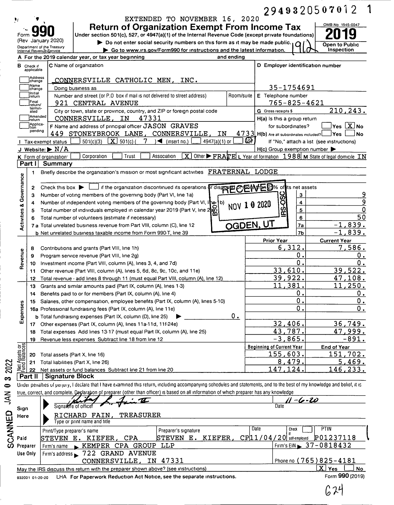 Image of first page of 2019 Form 990O for Connersville Catholic Men