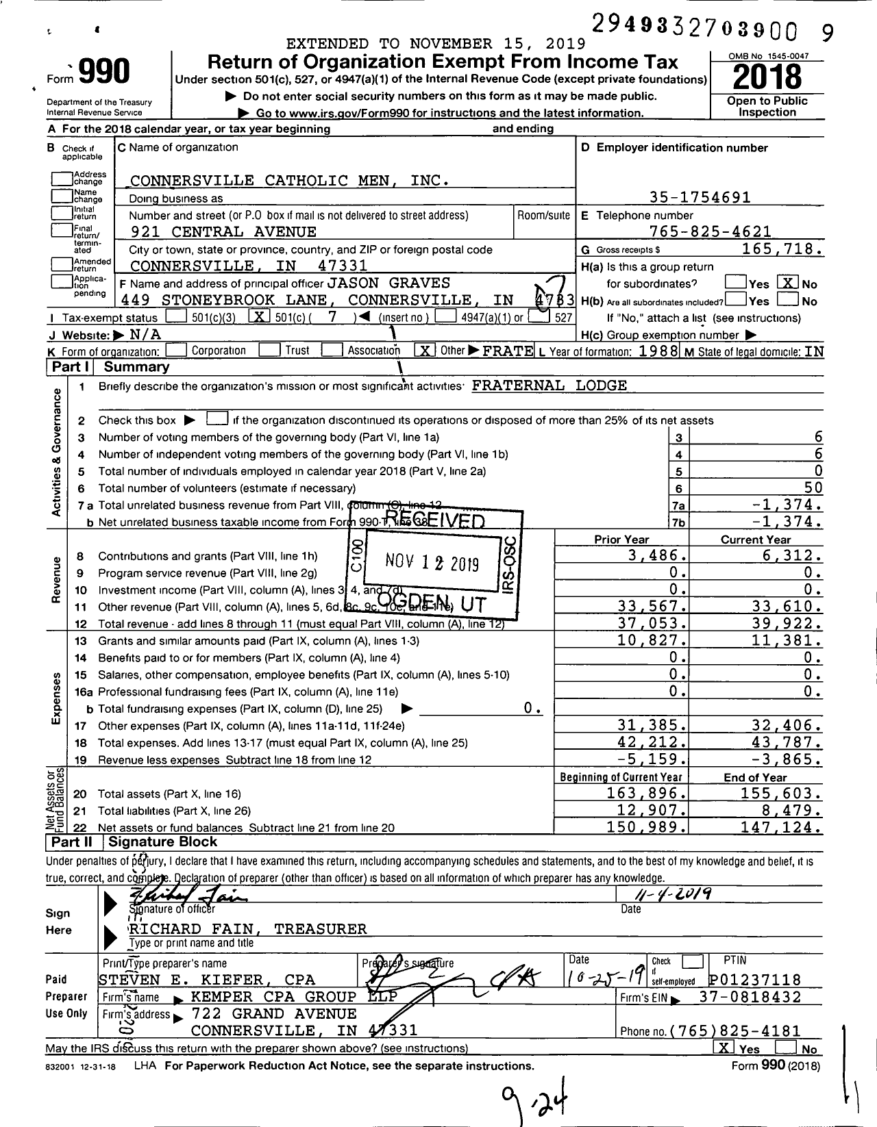 Image of first page of 2018 Form 990O for Connersville Catholic Men