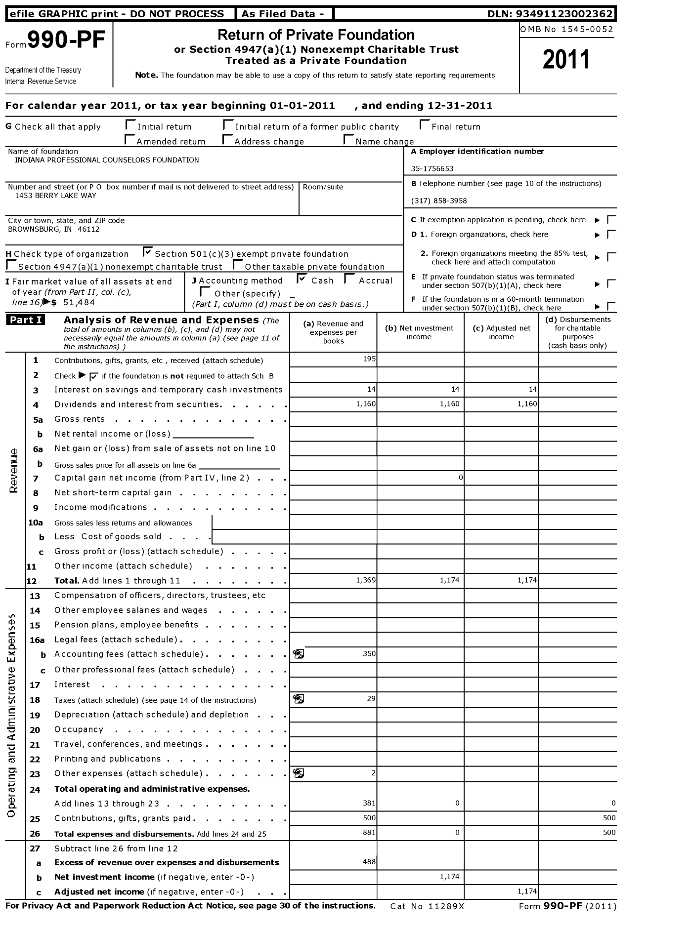Image of first page of 2011 Form 990PF for Indiana Professional Counselors Foundation