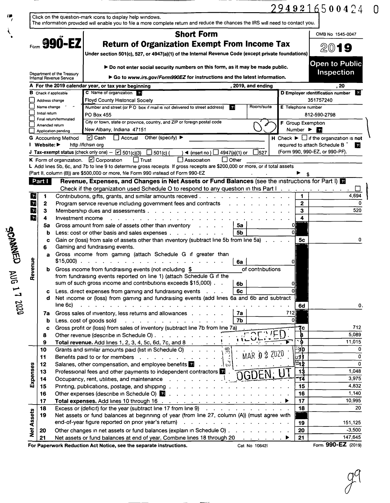 Image of first page of 2019 Form 990EZ for Floyd County Historical Society