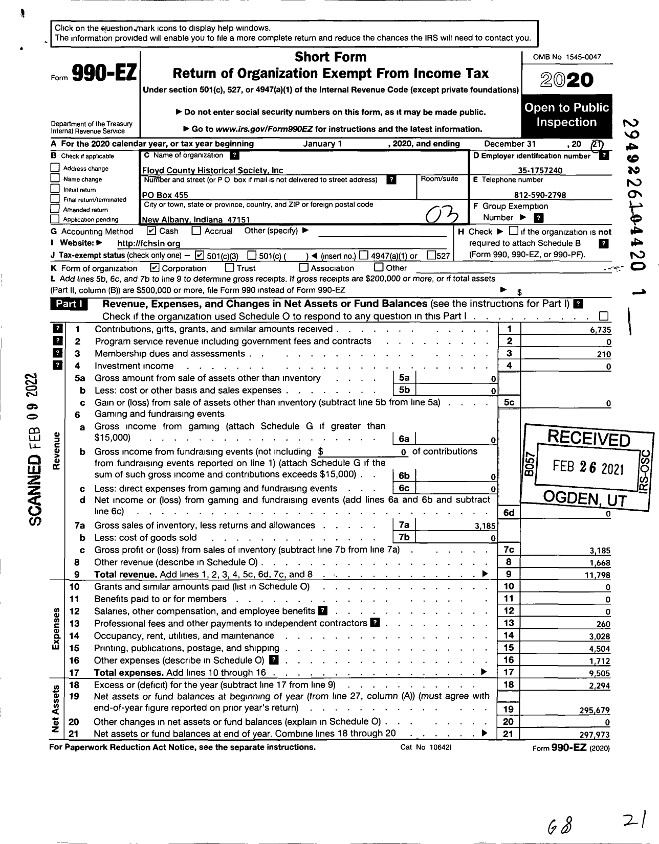 Image of first page of 2020 Form 990EZ for Floyd County Historical Society