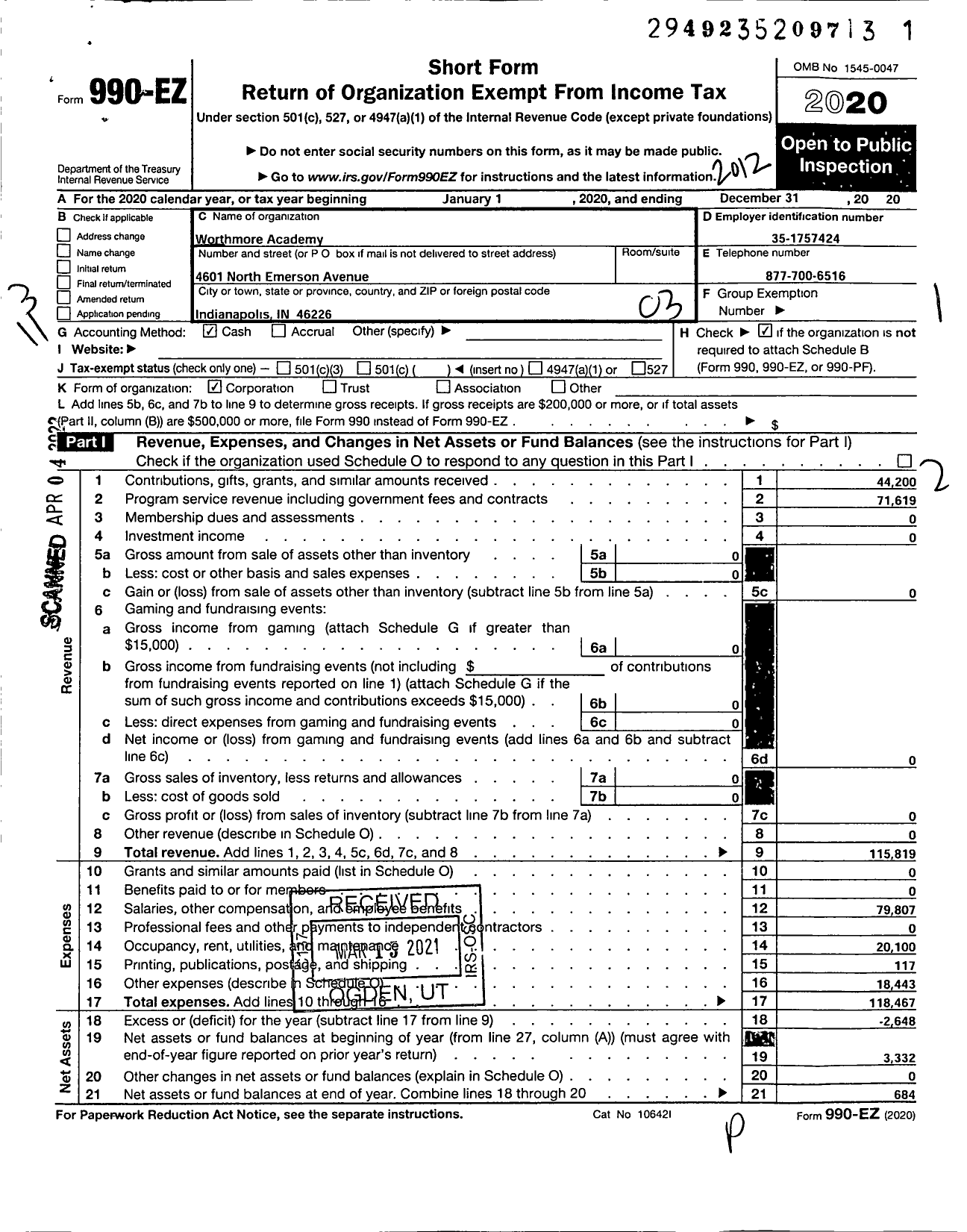 Image of first page of 2020 Form 990EZ for January 10 1988