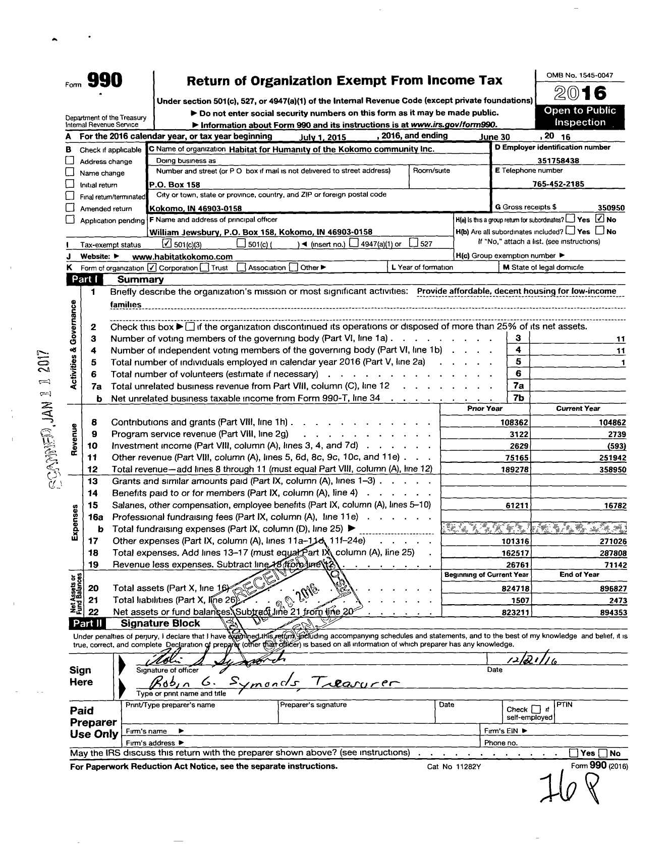 Image of first page of 2015 Form 990 for Habitat for Humanity Kokomo Community