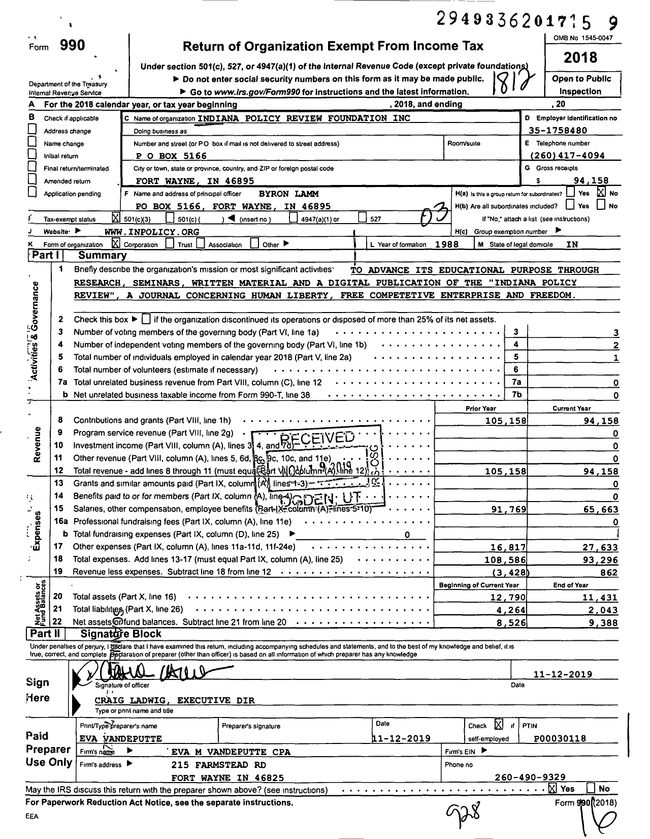 Image of first page of 2018 Form 990 for Indiana Policy Review Foundation