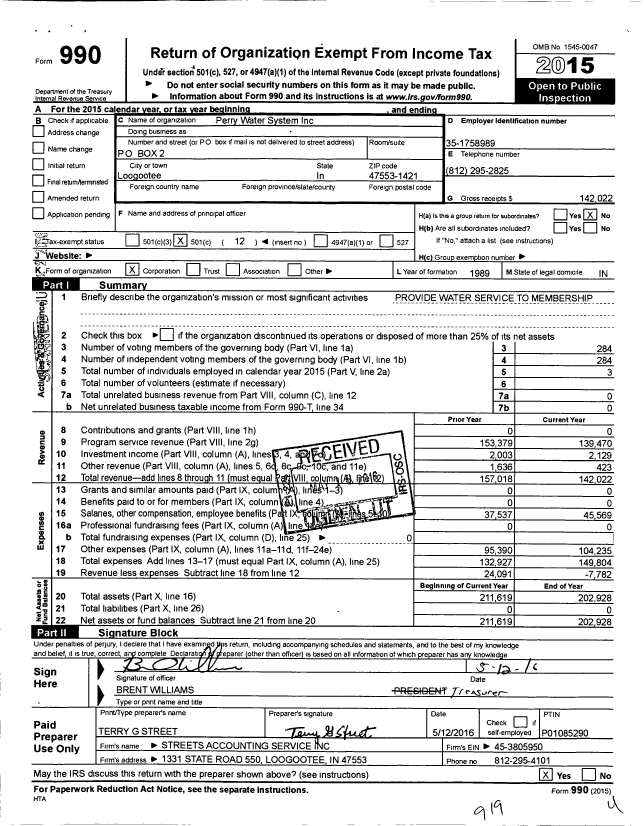 Image of first page of 2015 Form 990O for Perry Water System