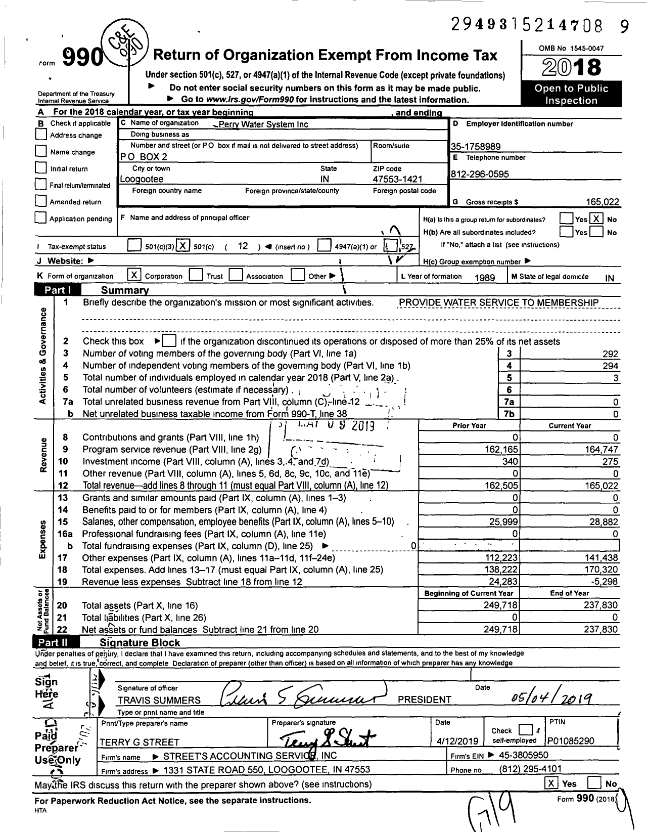 Image of first page of 2018 Form 990O for Perry Water System