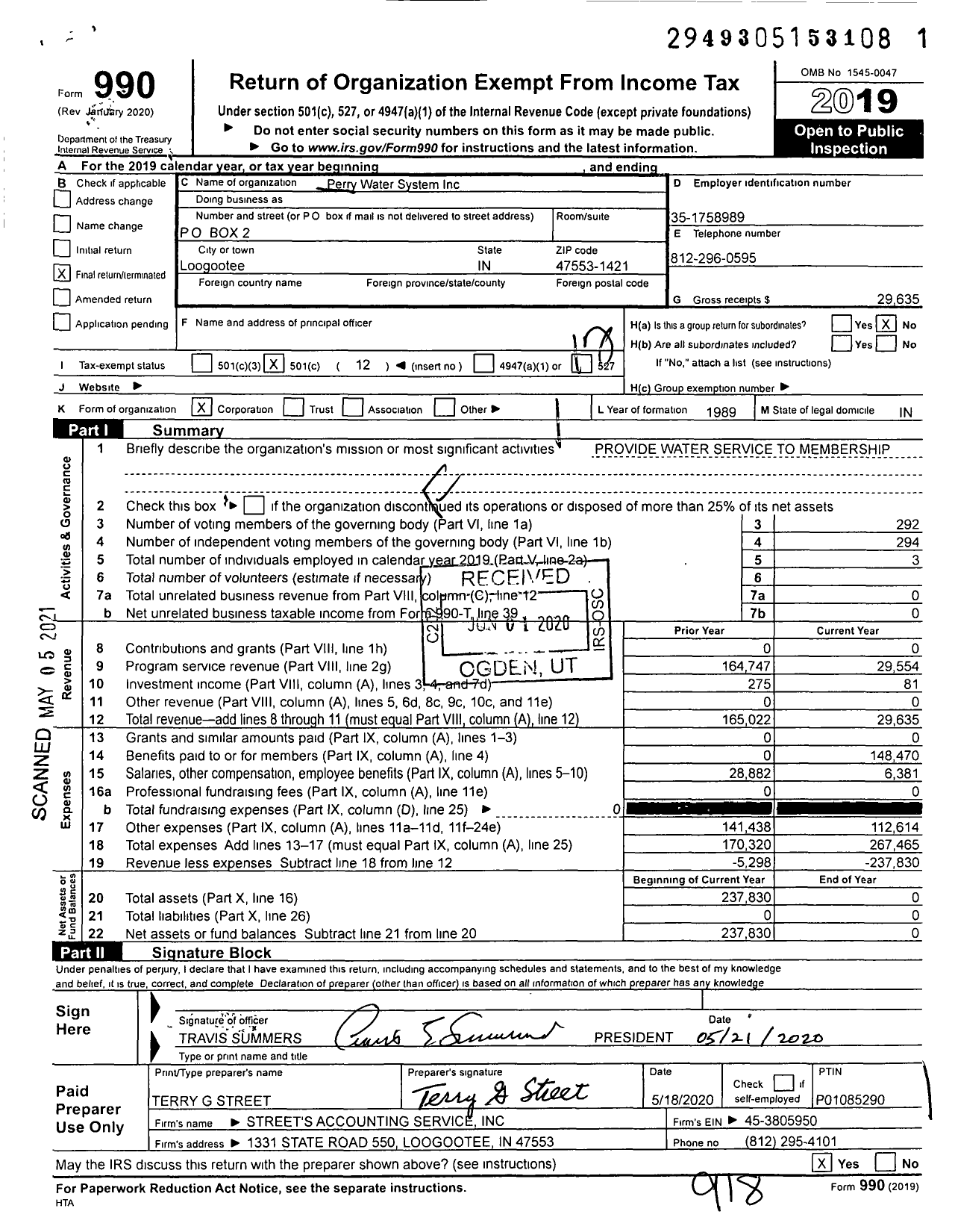 Image of first page of 2019 Form 990O for Perry Water System