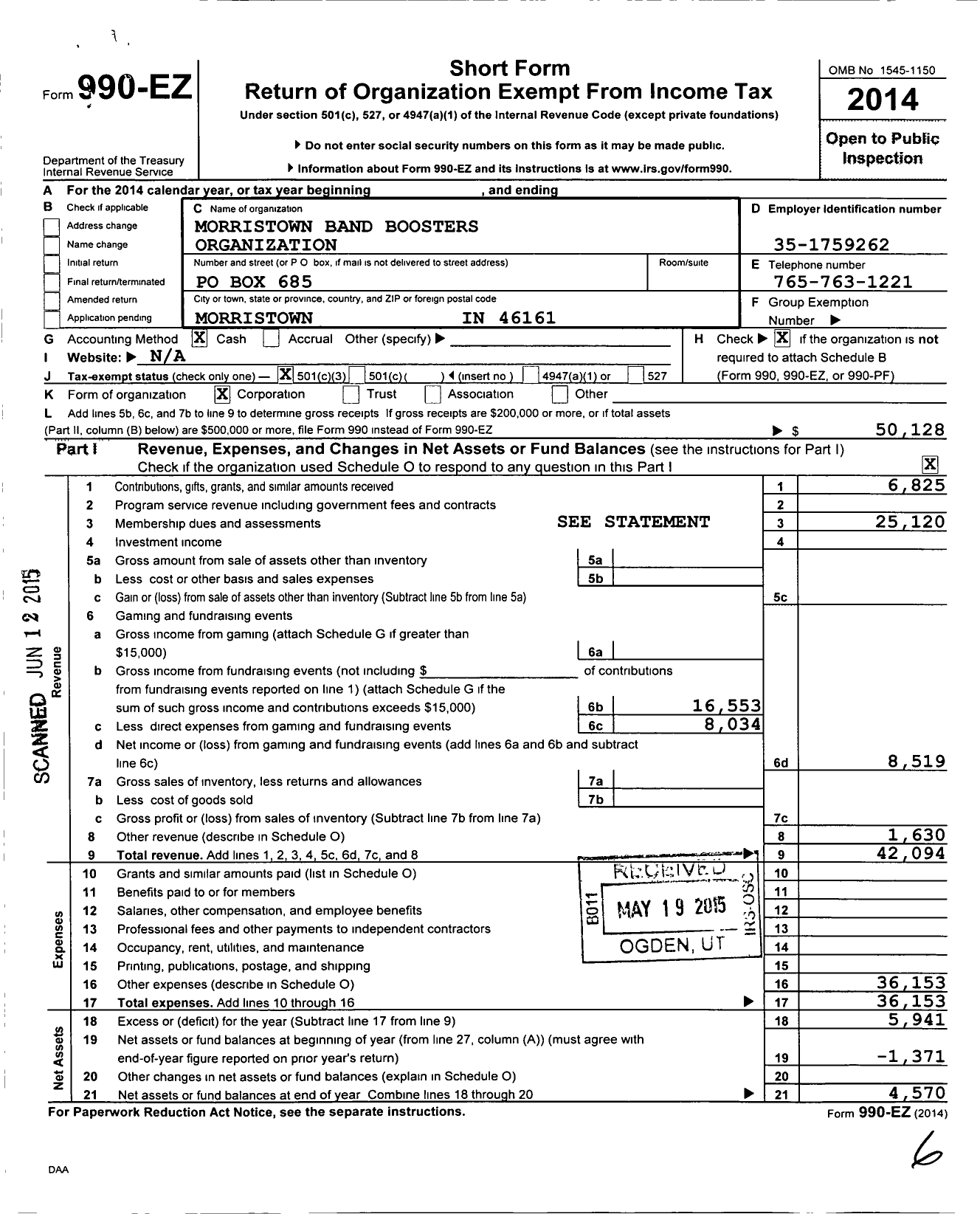 Image of first page of 2014 Form 990EZ for Morristown Band Boosters Organization