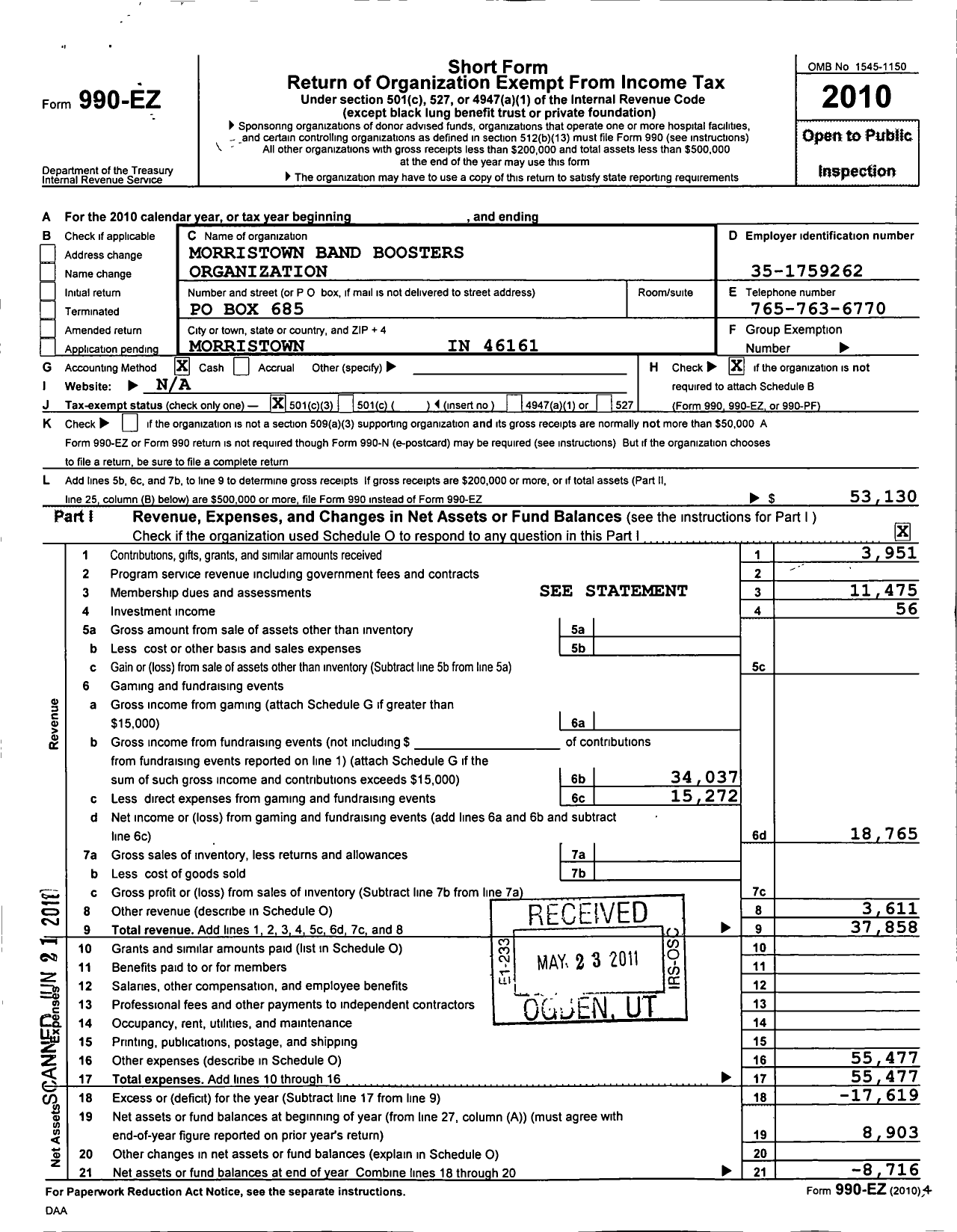 Image of first page of 2010 Form 990EZ for Morristown Band Boosters Organization
