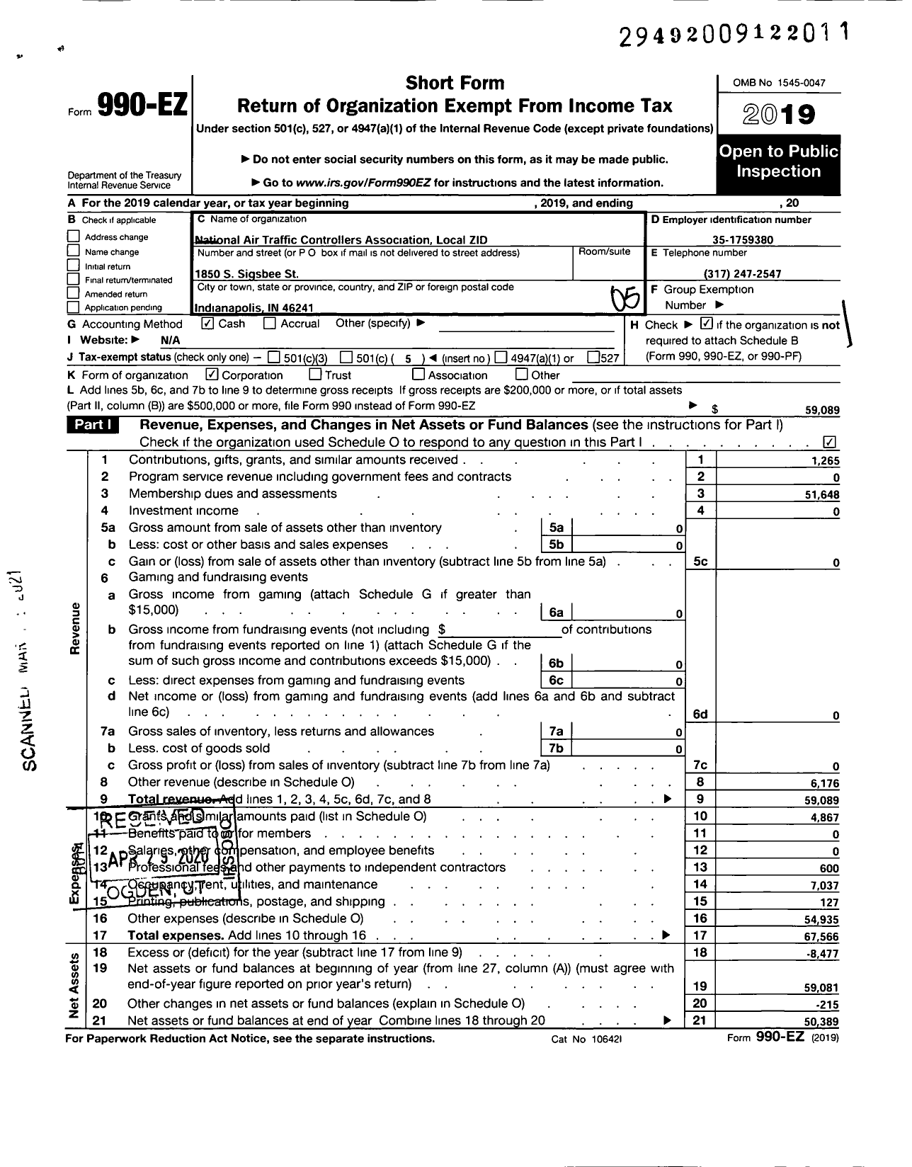 Image of first page of 2019 Form 990EO for National Air Traffic Controllers Association / Natca Local Zid