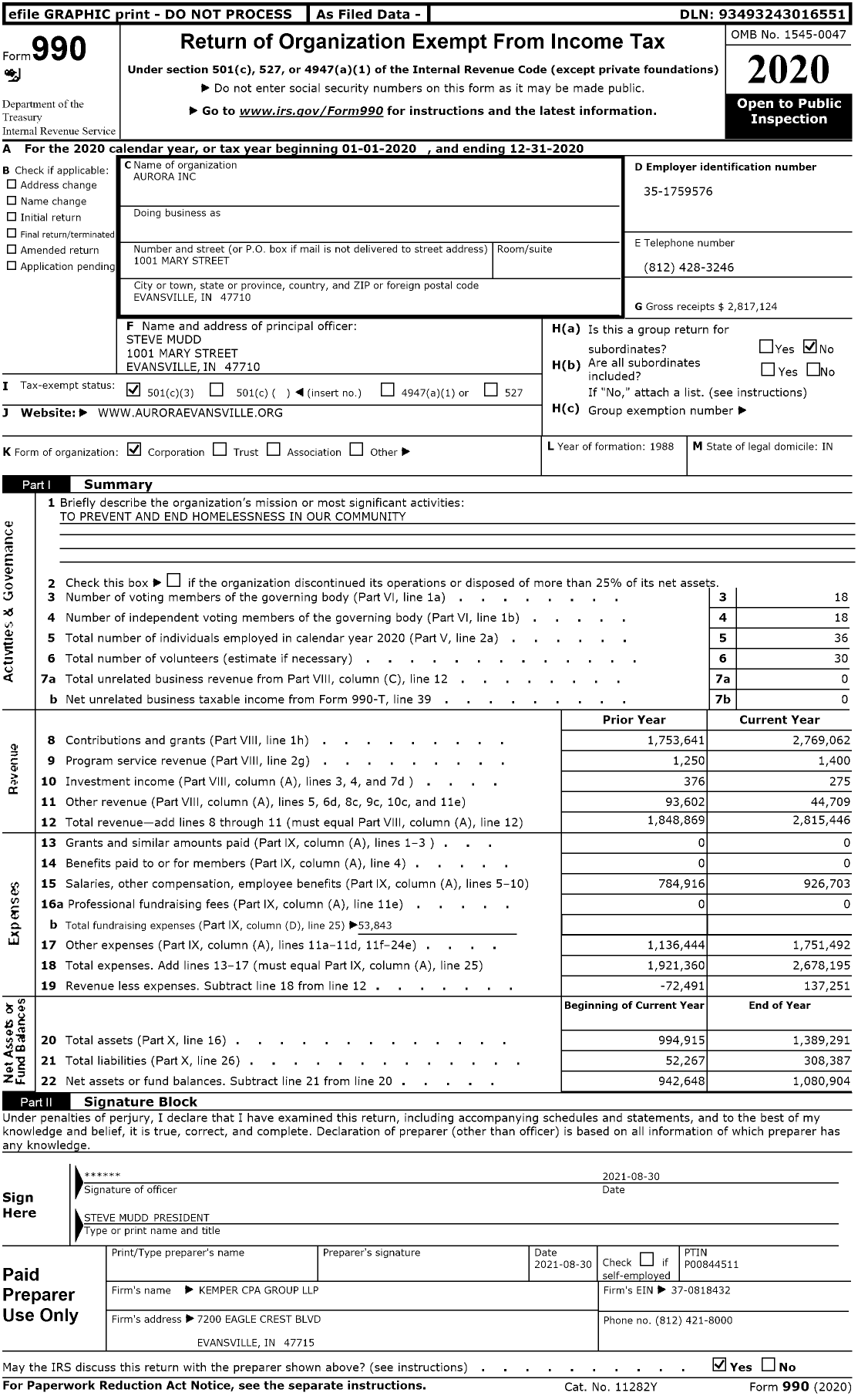 Image of first page of 2020 Form 990 for Aurora