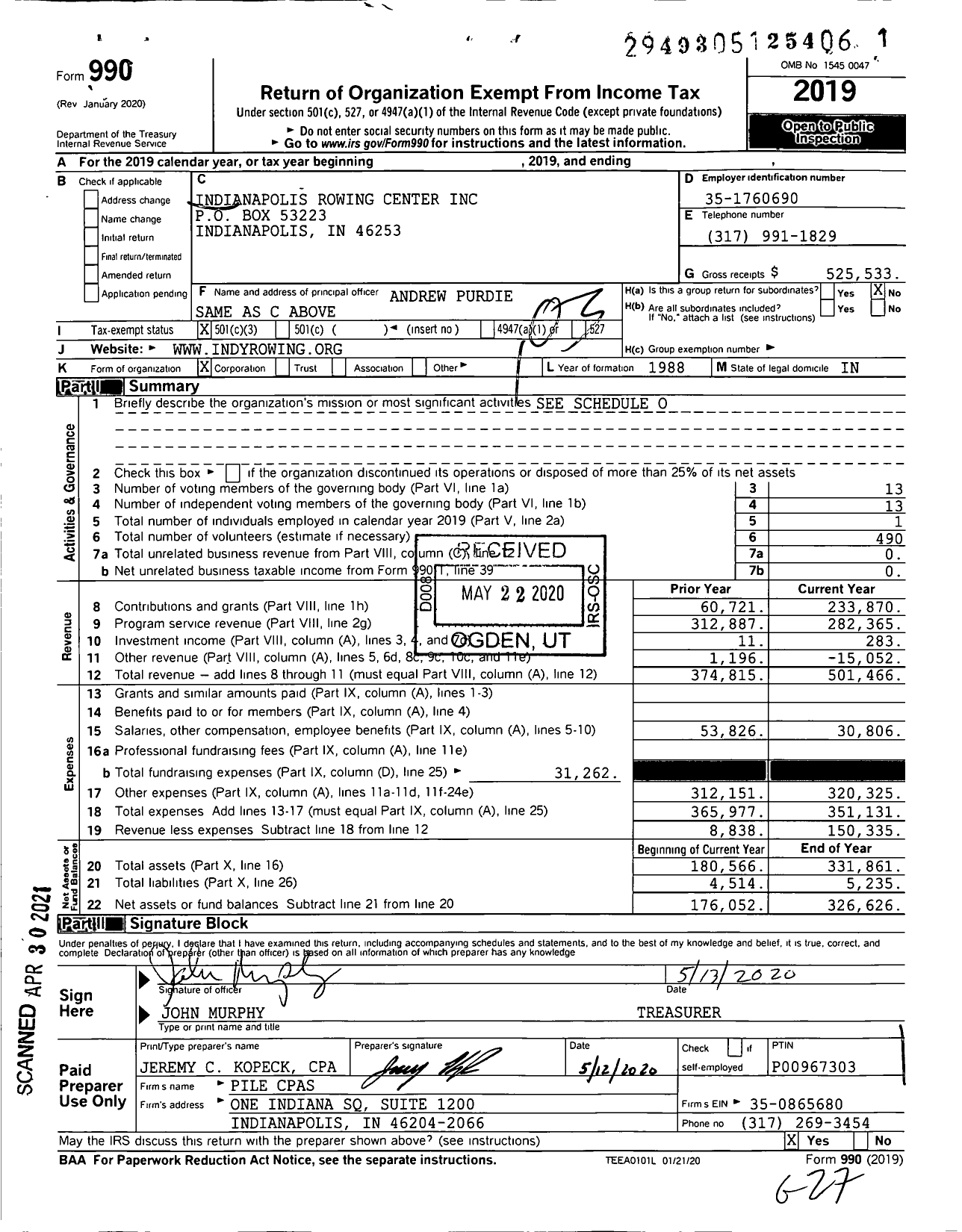 Image of first page of 2019 Form 990 for Indianapolis Rowing Center