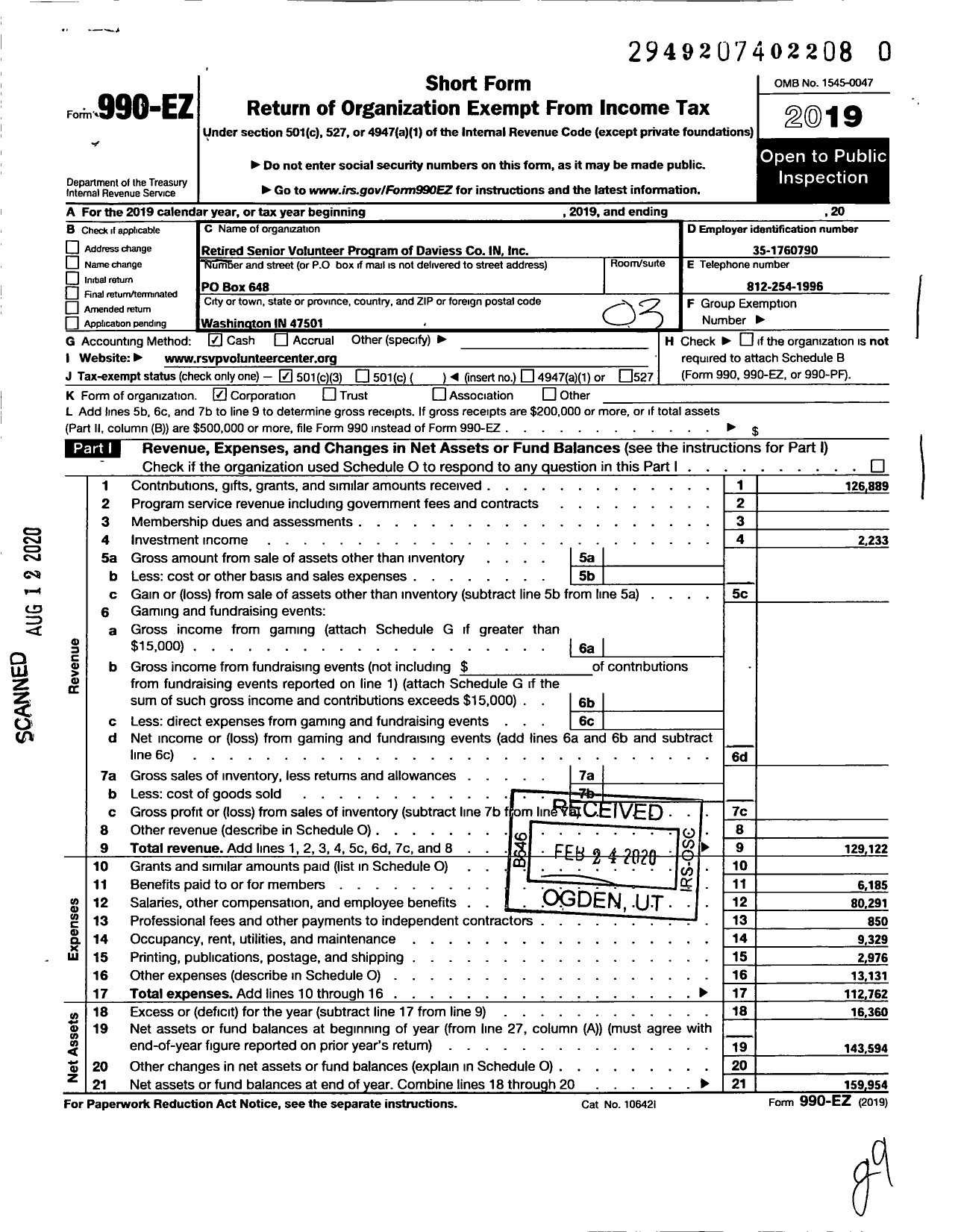 Image of first page of 2019 Form 990EZ for Retired Senior Volunteer Program of Daviess Co IN Inc RSVP Volunteer Center