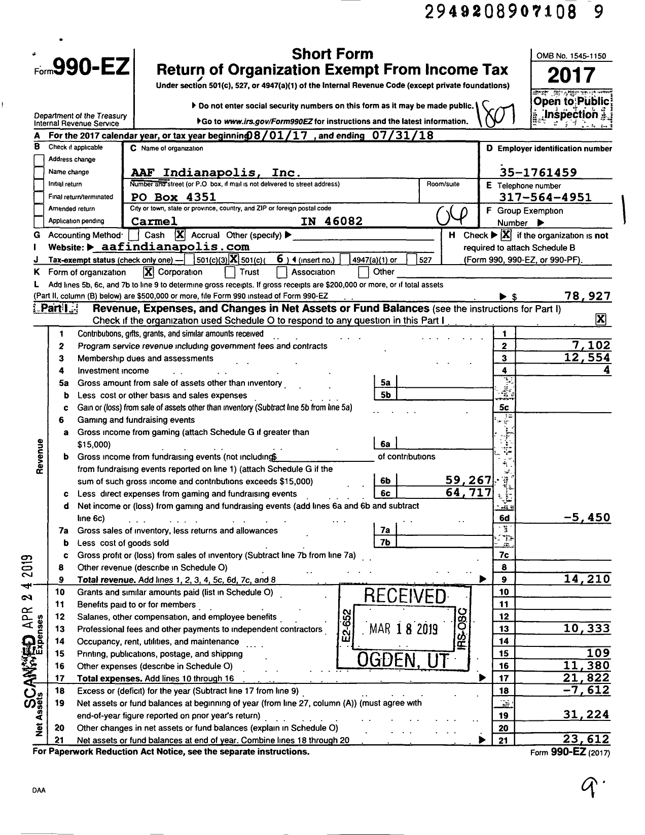 Image of first page of 2017 Form 990EO for Aaf Indianapolis