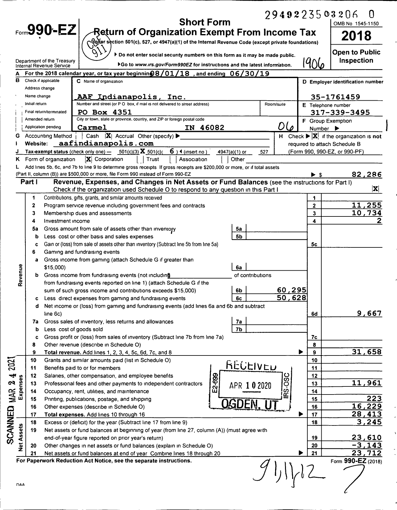 Image of first page of 2018 Form 990EO for Aaf Indianapolis