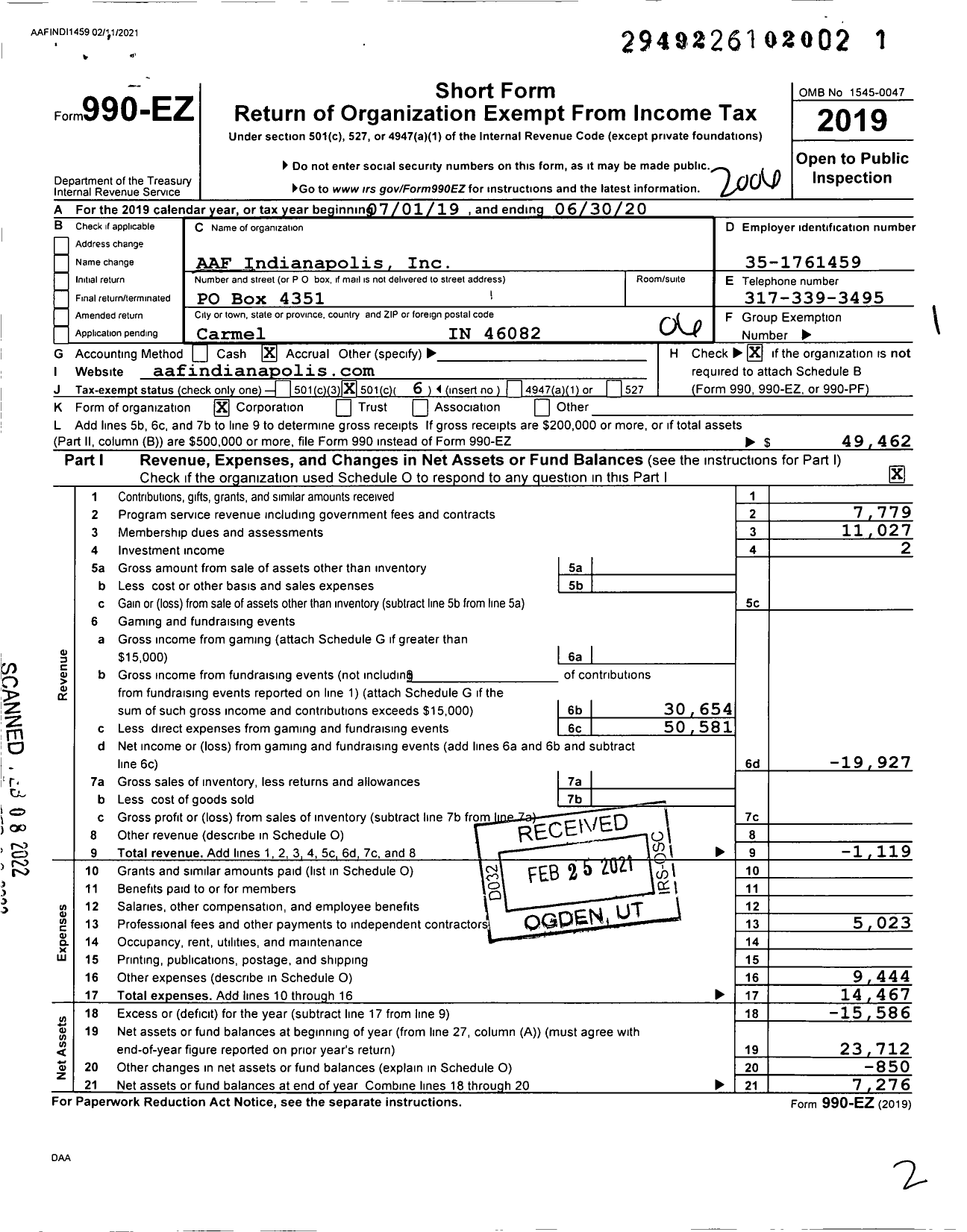 Image of first page of 2019 Form 990EO for Aaf Indianapolis