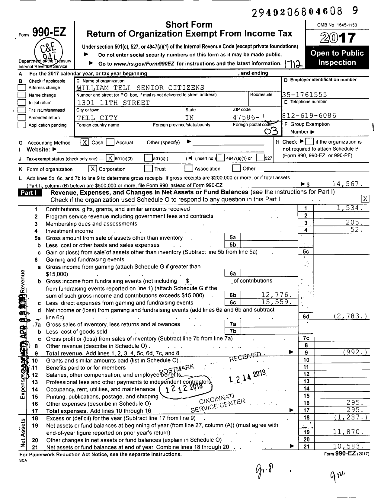 Image of first page of 2017 Form 990EZ for William Tell Senior Citizens