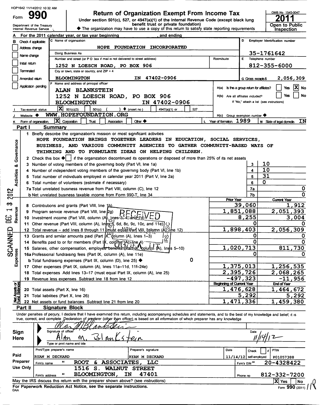 Image of first page of 2011 Form 990 for Hope Foundation