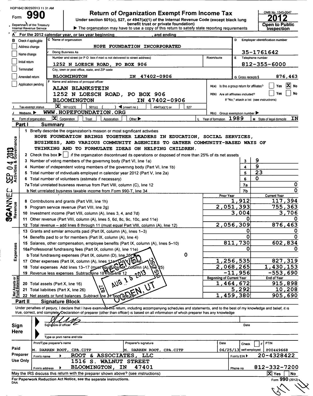 Image of first page of 2012 Form 990 for Hope Foundation