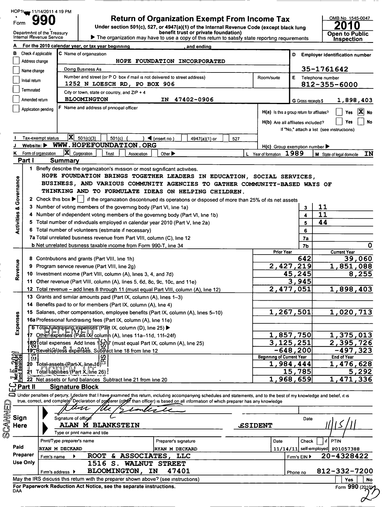 Image of first page of 2010 Form 990 for Hope Foundation