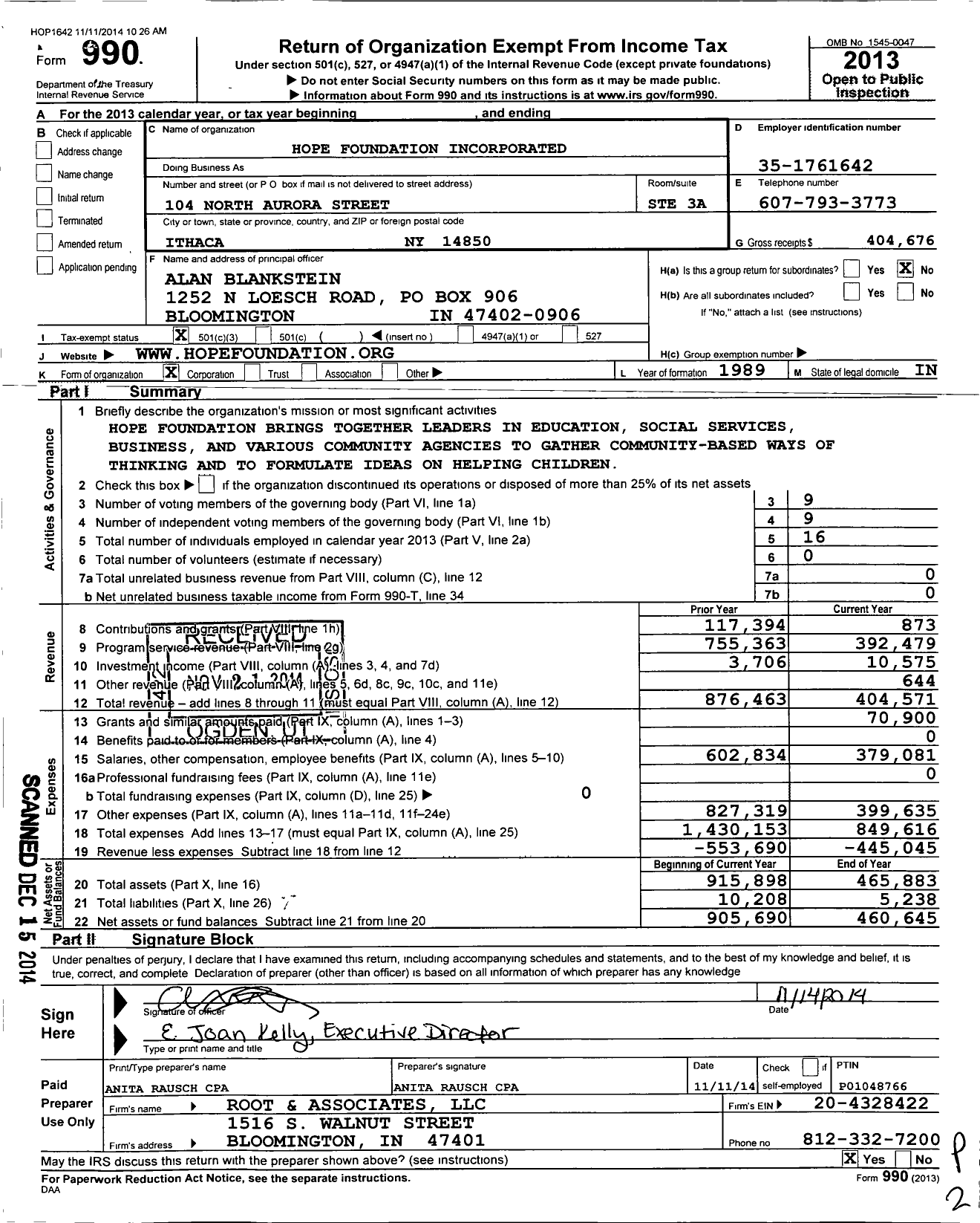 Image of first page of 2013 Form 990 for Hope Foundation