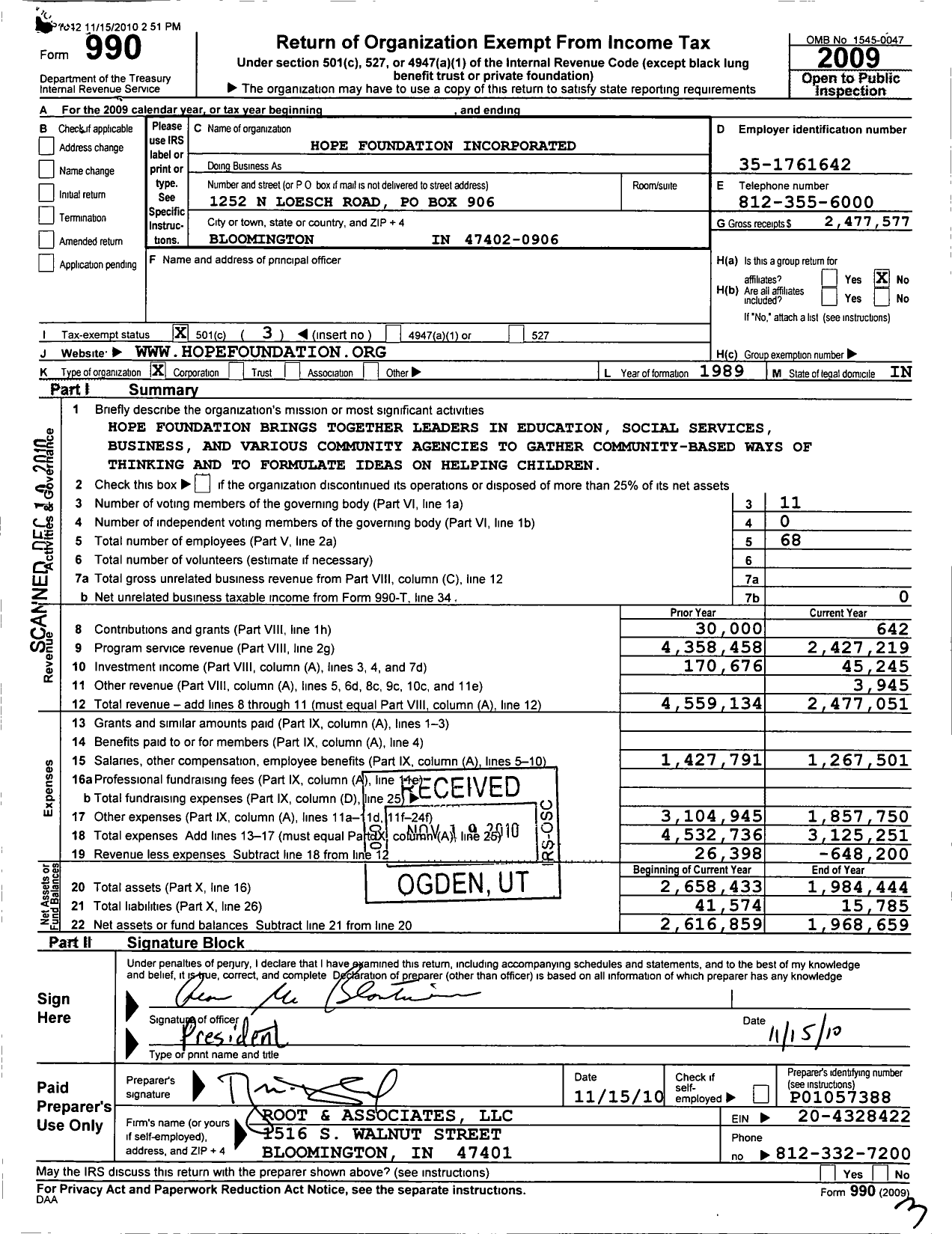 Image of first page of 2009 Form 990 for Hope Foundation