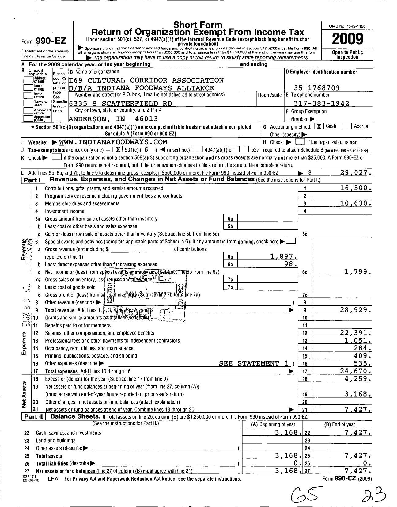 Image of first page of 2009 Form 990EO for Indiana Foodw