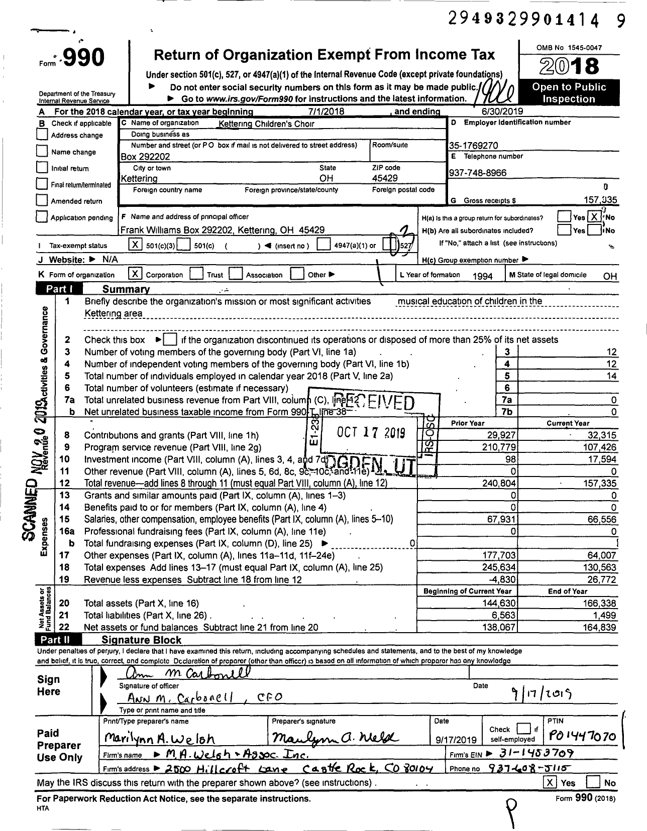 Image of first page of 2018 Form 990 for Kettering Children's Choir