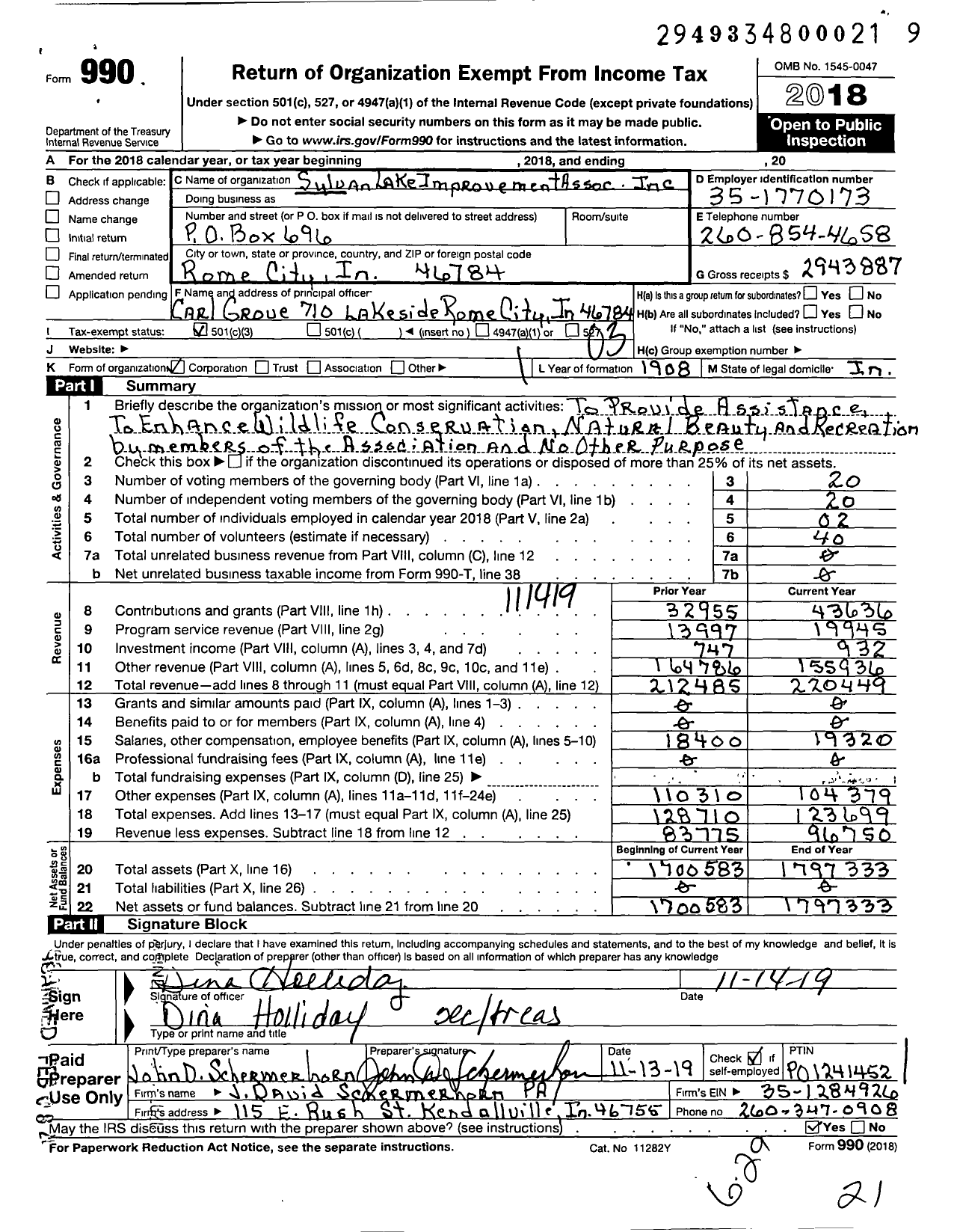 Image of first page of 2018 Form 990 for Sylvan Lake Improvement Association