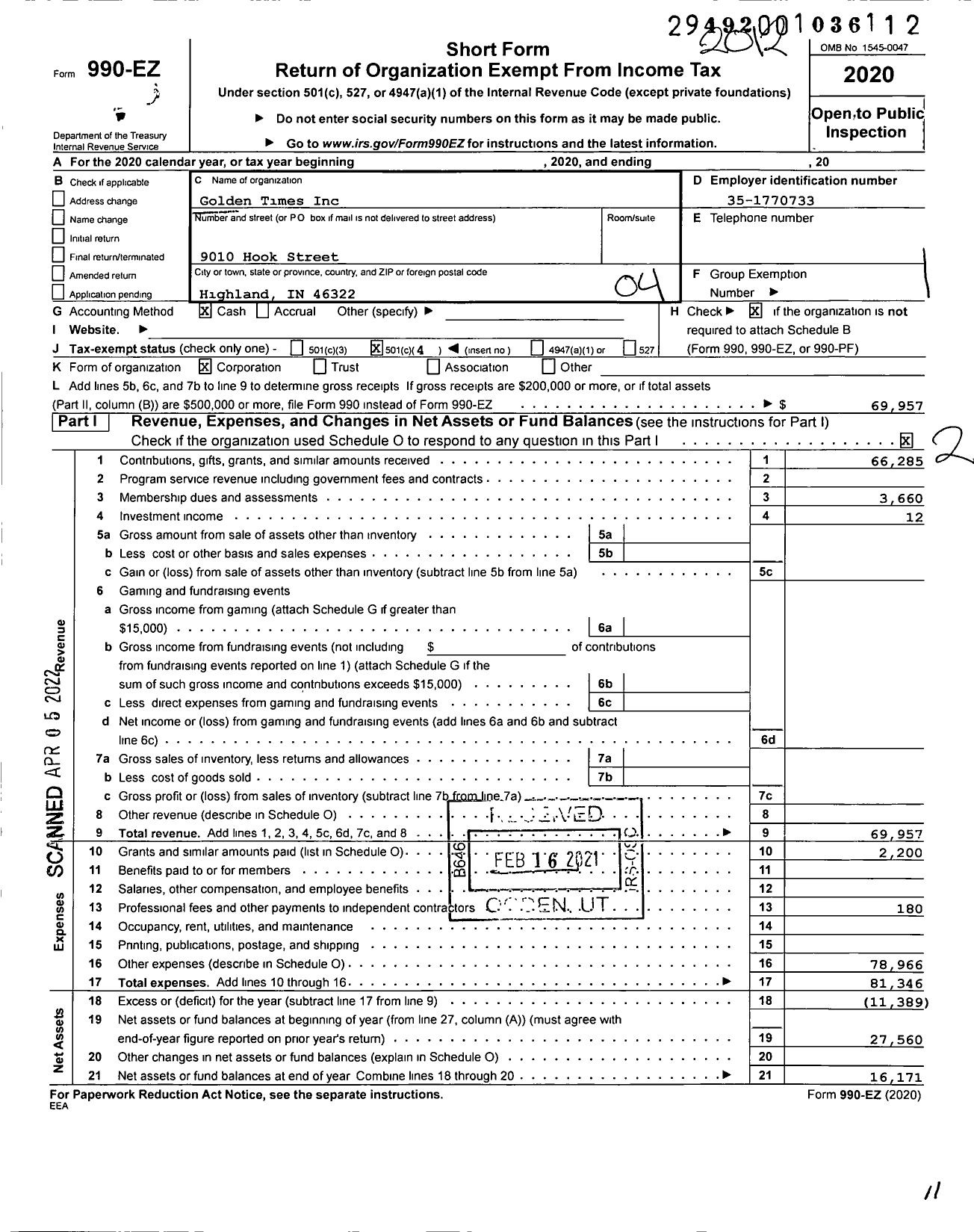 Image of first page of 2020 Form 990EO for Golden Times