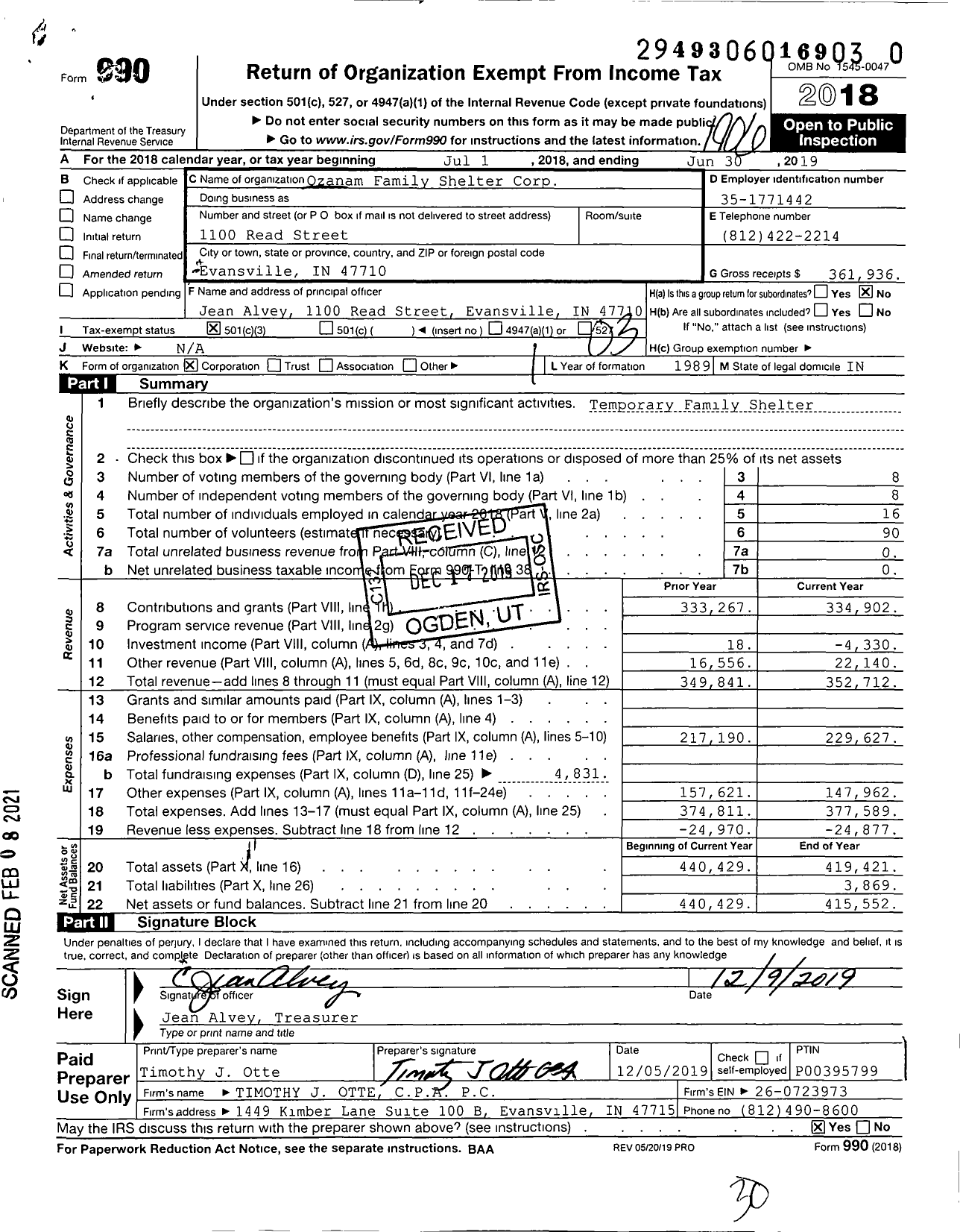 Image of first page of 2018 Form 990 for Ozanam Family Shelter Corp