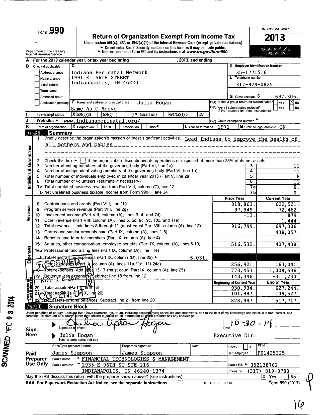 Image of first page of 2013 Form 990 for Indiana Perinatal Network