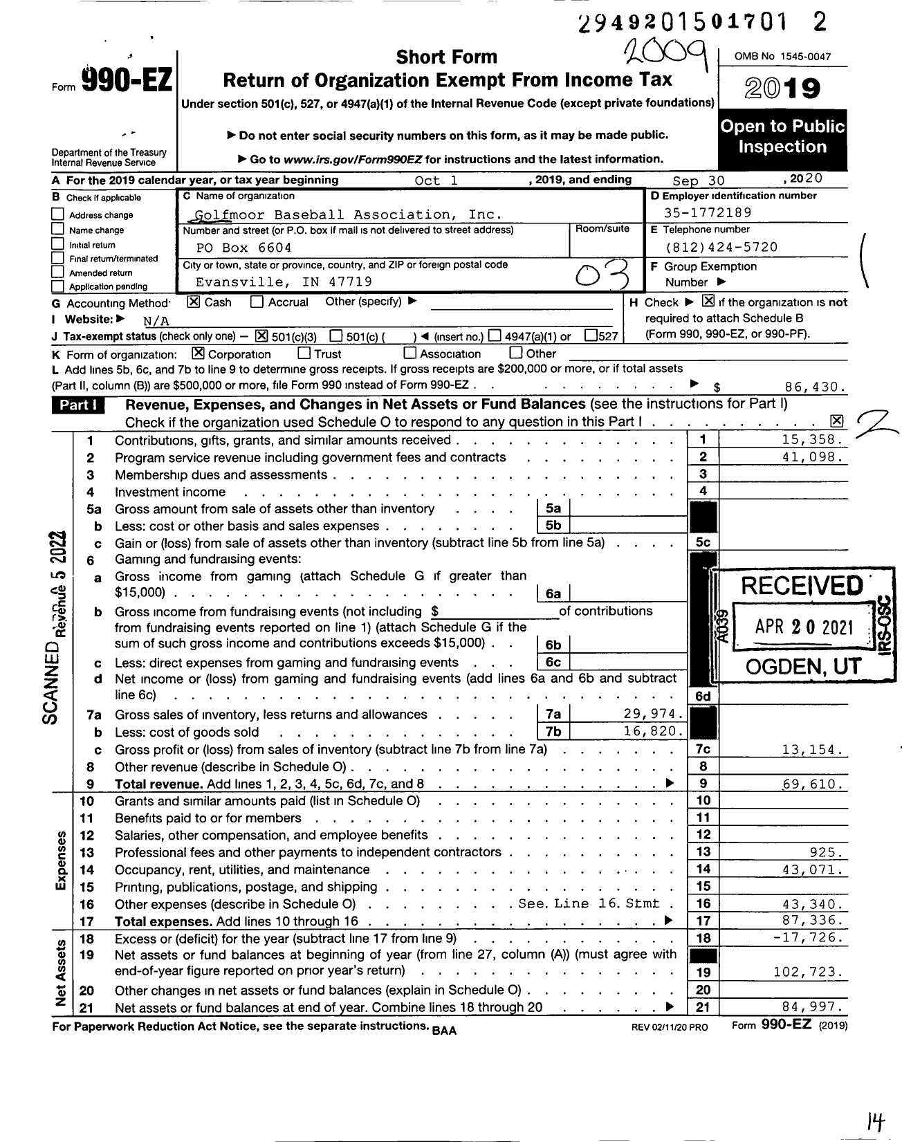 Image of first page of 2019 Form 990EZ for Golfmoor Baseball Association