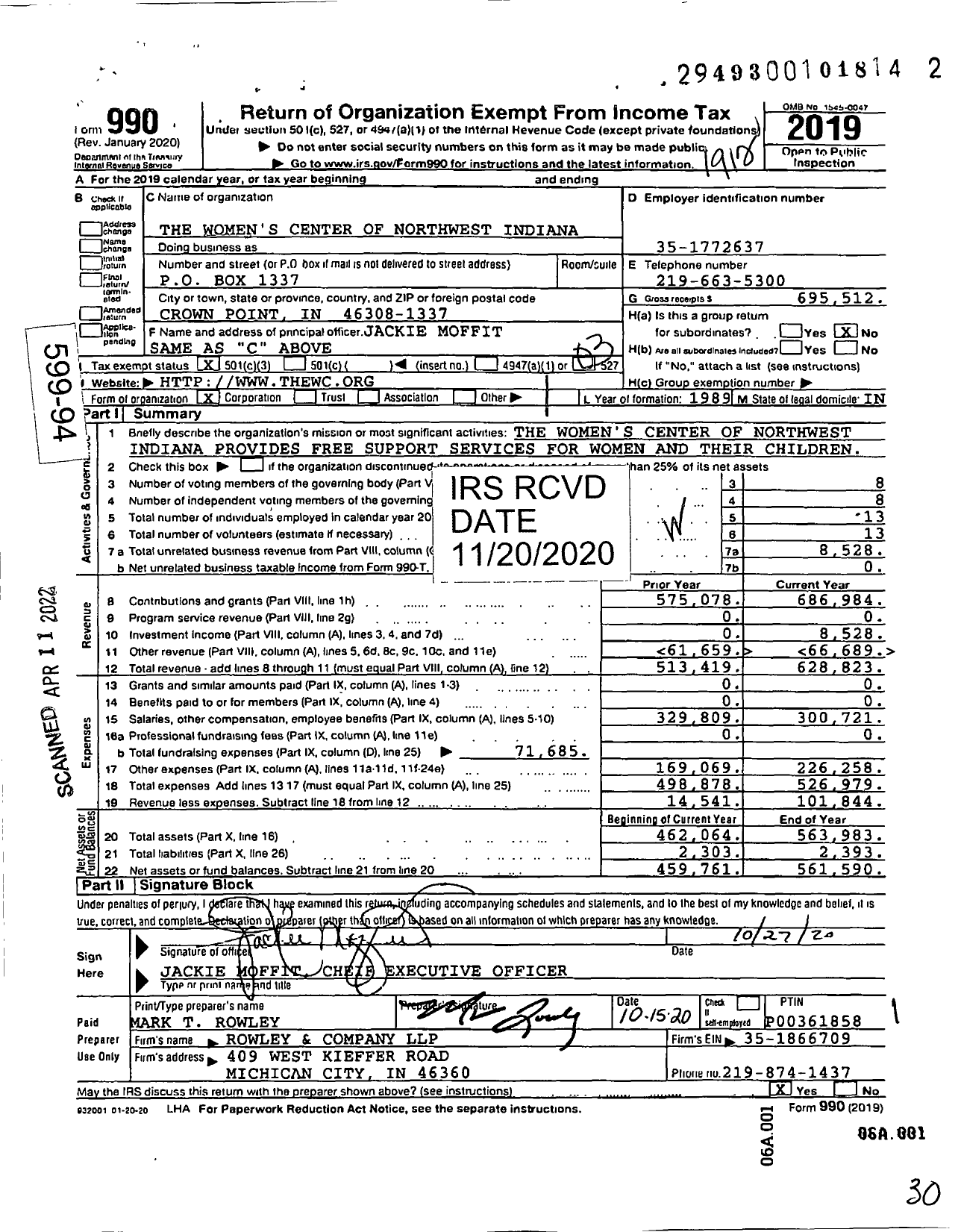 Image of first page of 2019 Form 990 for The Women's Center of Northwest Indiana