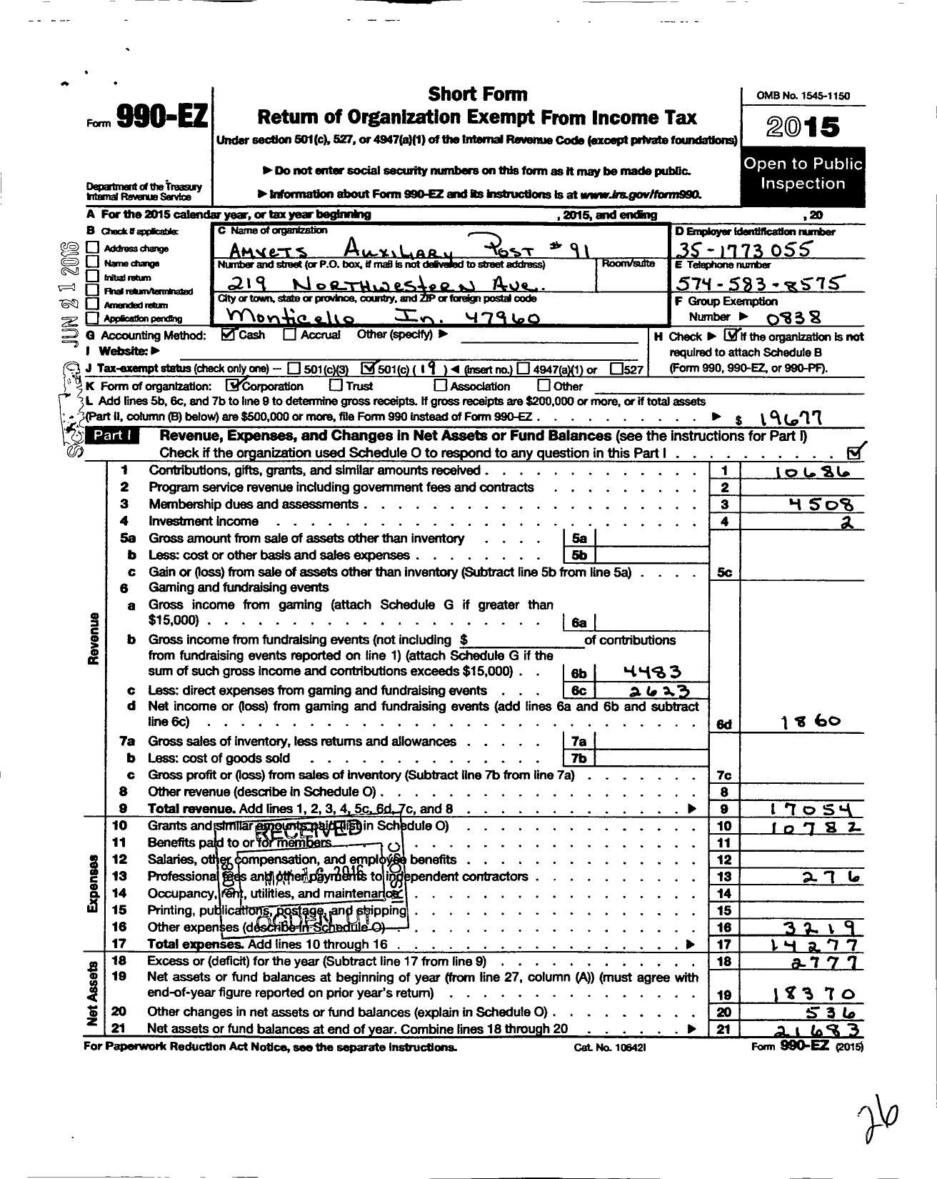 Image of first page of 2015 Form 990EO for Amvets - 91