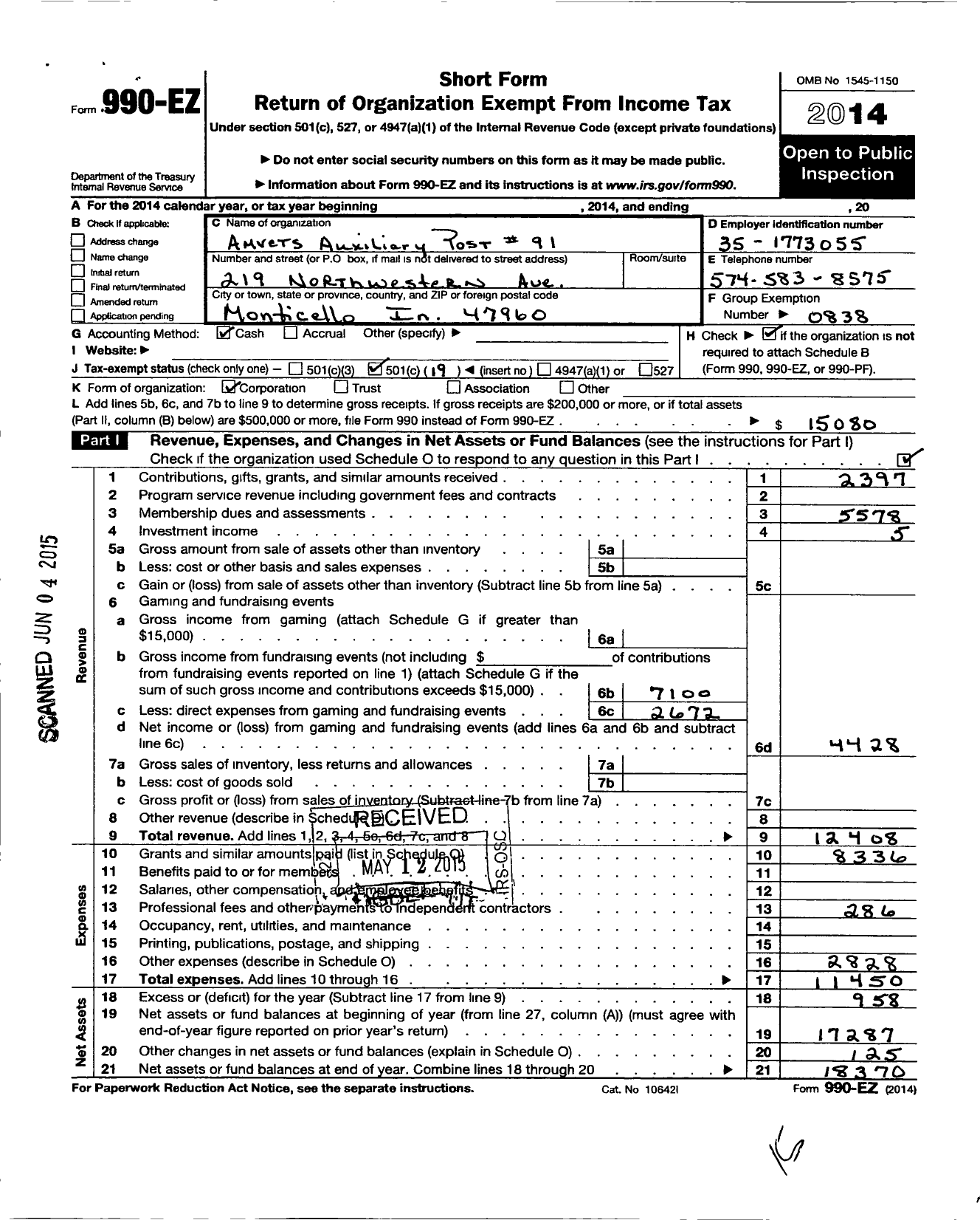 Image of first page of 2014 Form 990EO for Amvets - 91