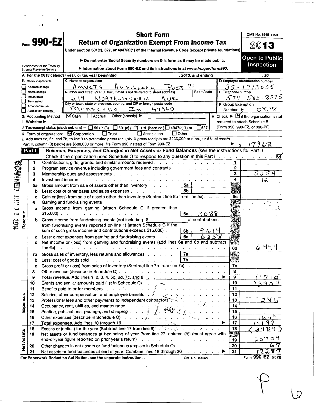 Image of first page of 2013 Form 990EO for Amvets - 91