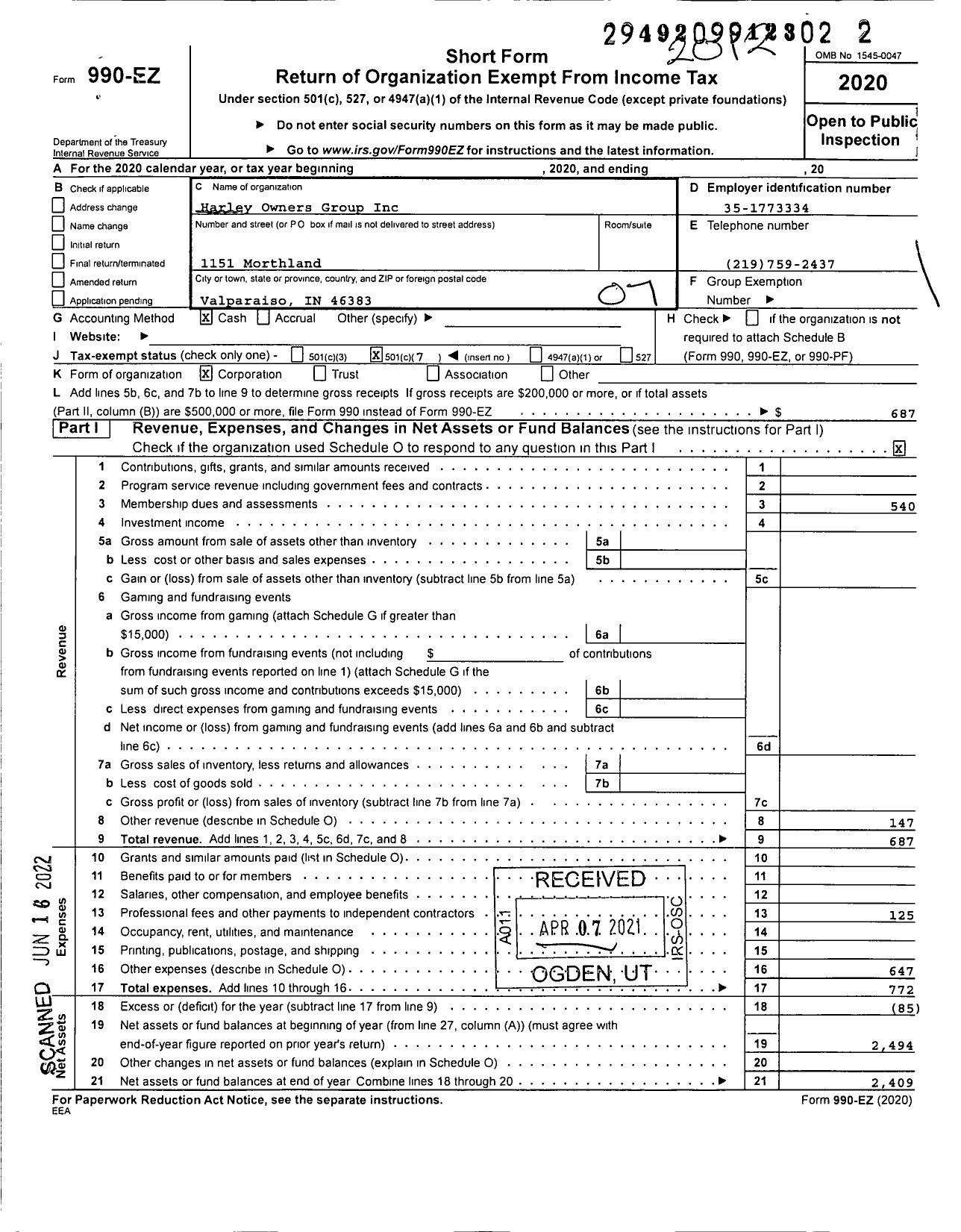 Image of first page of 2020 Form 990EO for Harley Owners Group