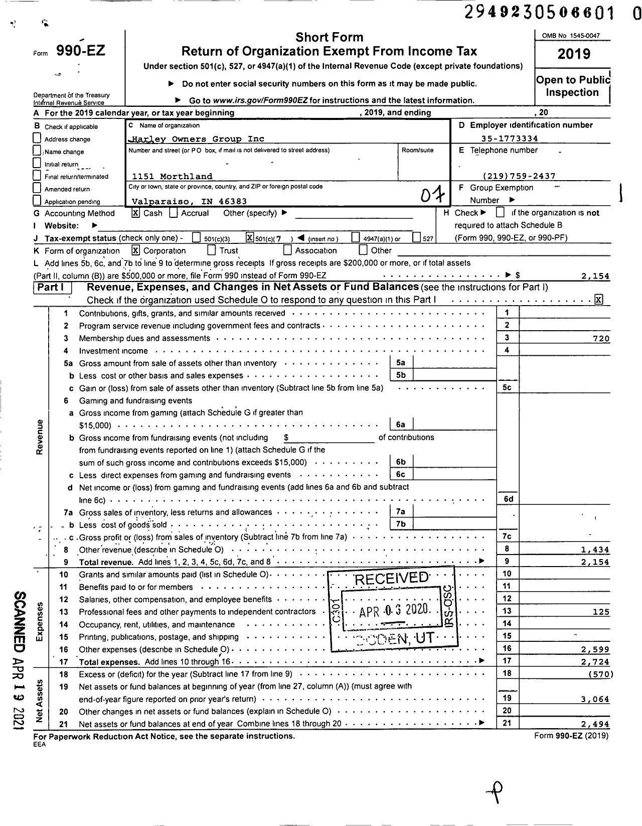 Image of first page of 2019 Form 990EO for Harley Owners Group