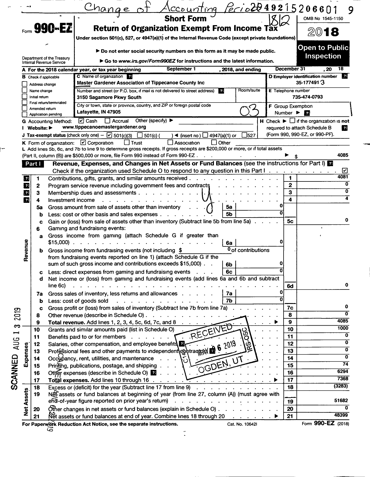 Image of first page of 2018 Form 990EZ for Master Gardener Association of Tippecanoe County