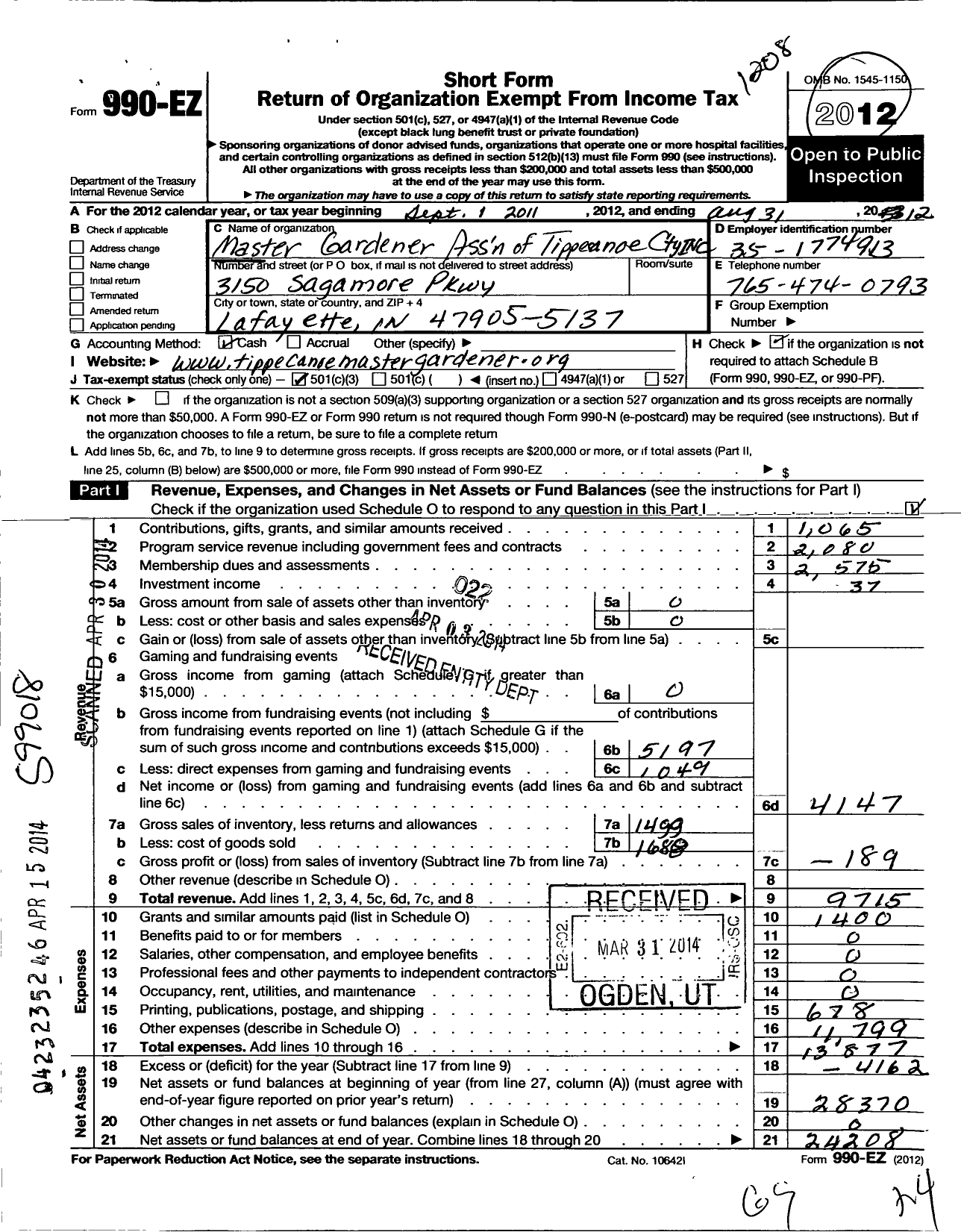 Image of first page of 2011 Form 990EZ for Master Gardener Association of Tippecanoe County