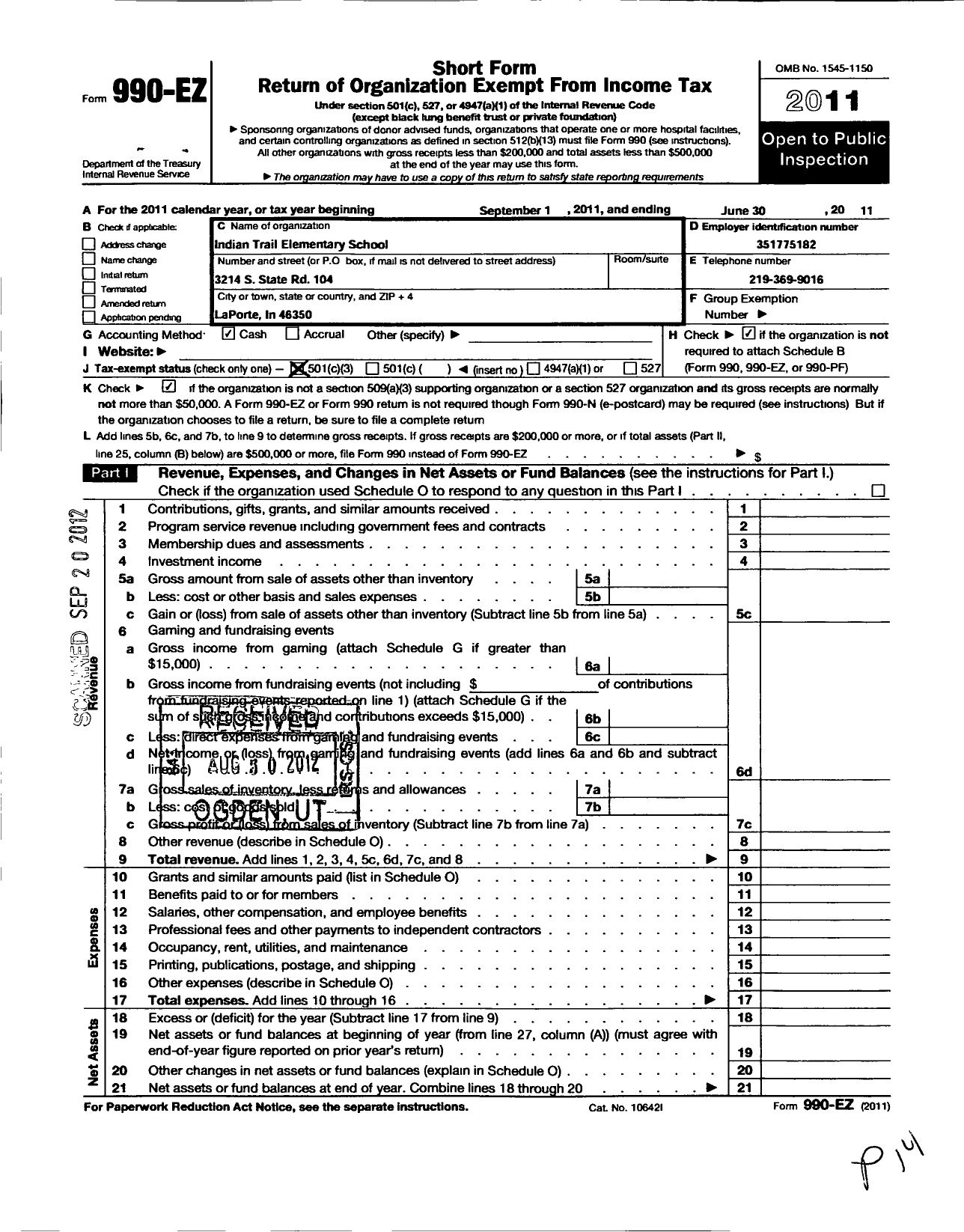 Image of first page of 2010 Form 990EZ for Indiana Congress of Parents and Teachers / Indian Trail Elementary PTA