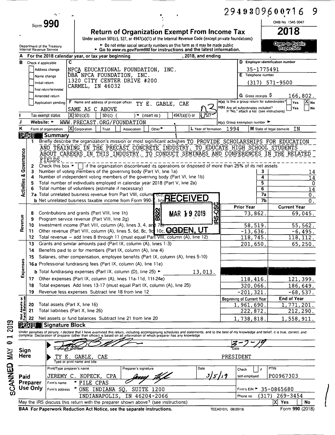 Image of first page of 2018 Form 990 for NPCA Foundation