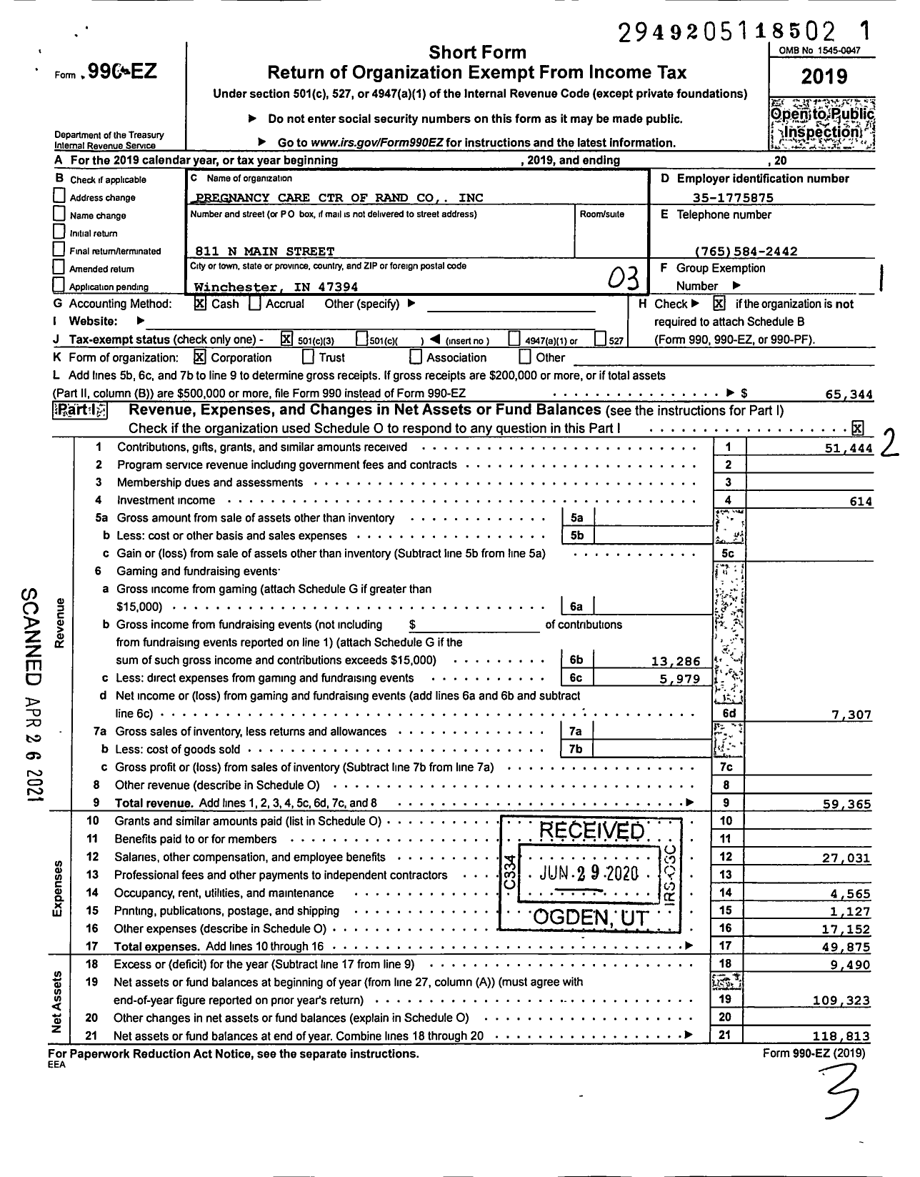 Image of first page of 2019 Form 990EZ for PREGNANCY CARE Center OF Randolph County