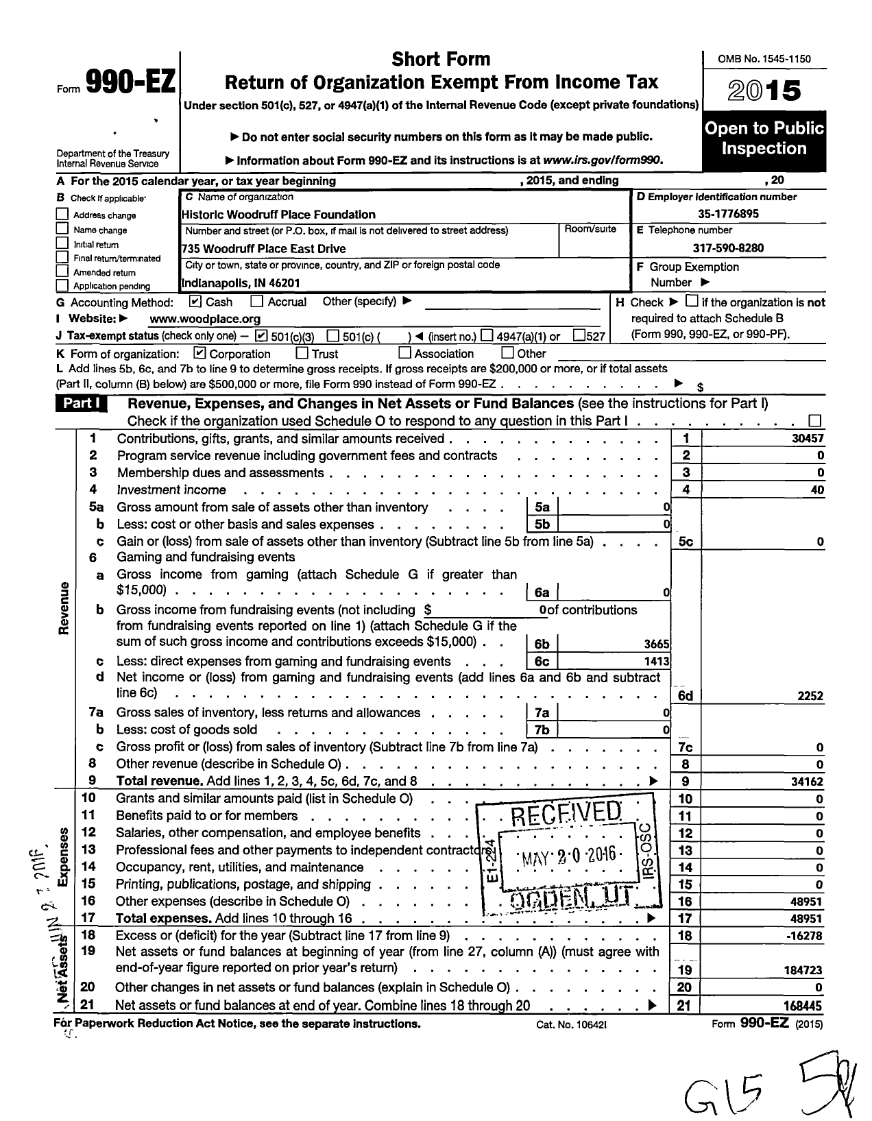 Image of first page of 2015 Form 990EZ for Historic Woodruff Place Foundation