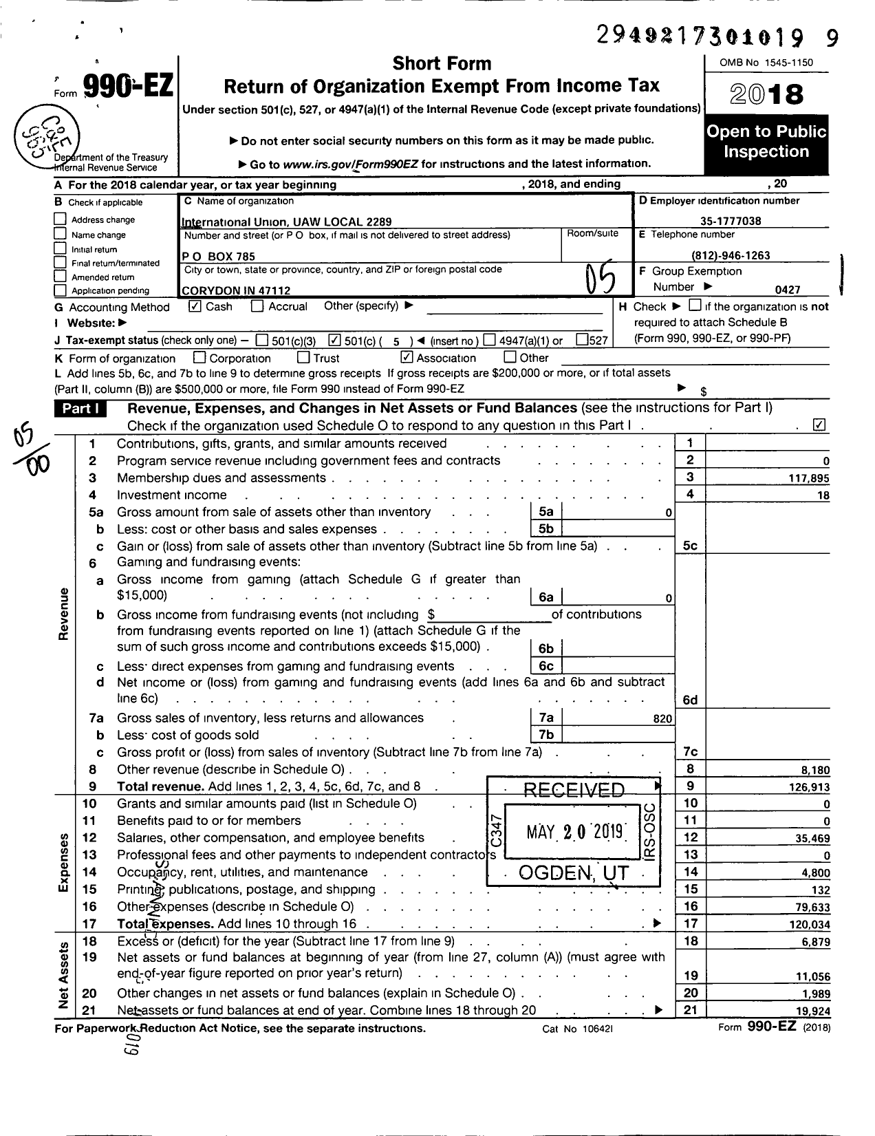 Image of first page of 2018 Form 990EO for UAW - 2289 UAW Local