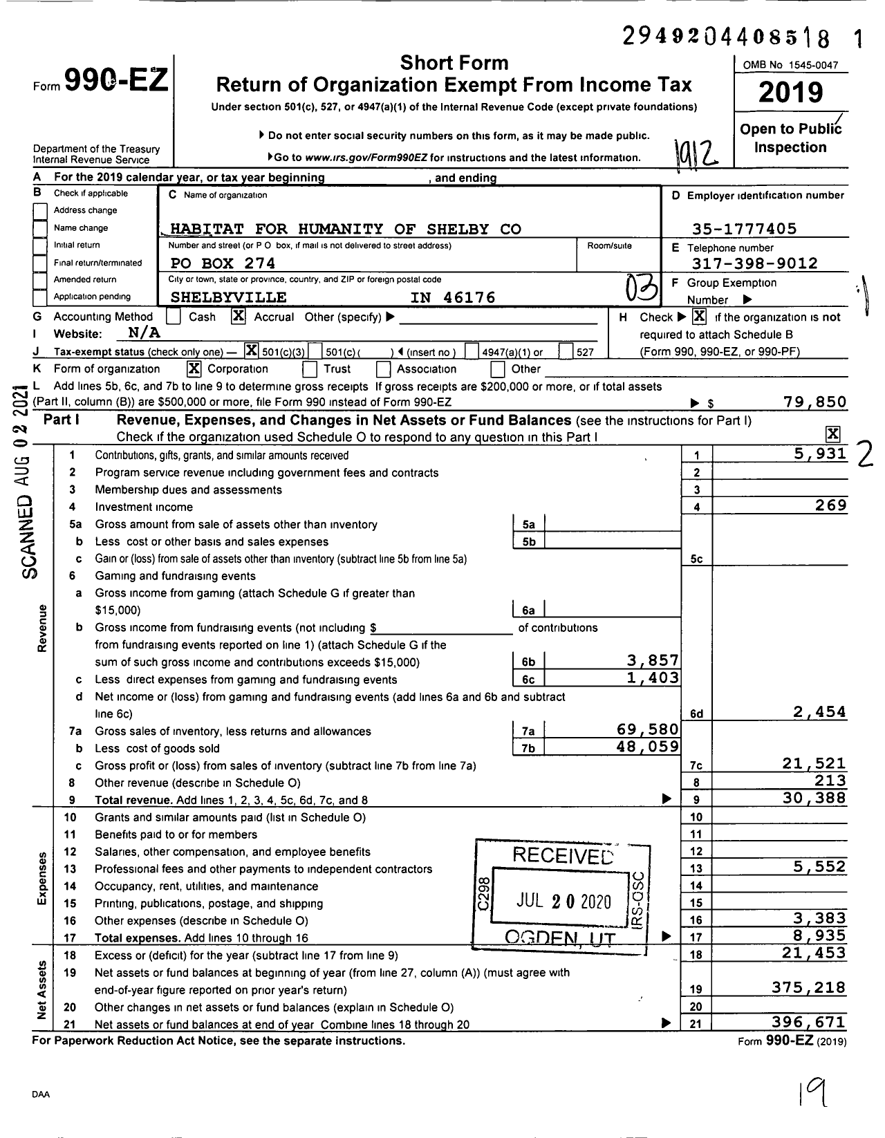 Image of first page of 2019 Form 990EZ for Habitat for Humanity - Shelby County HFH of