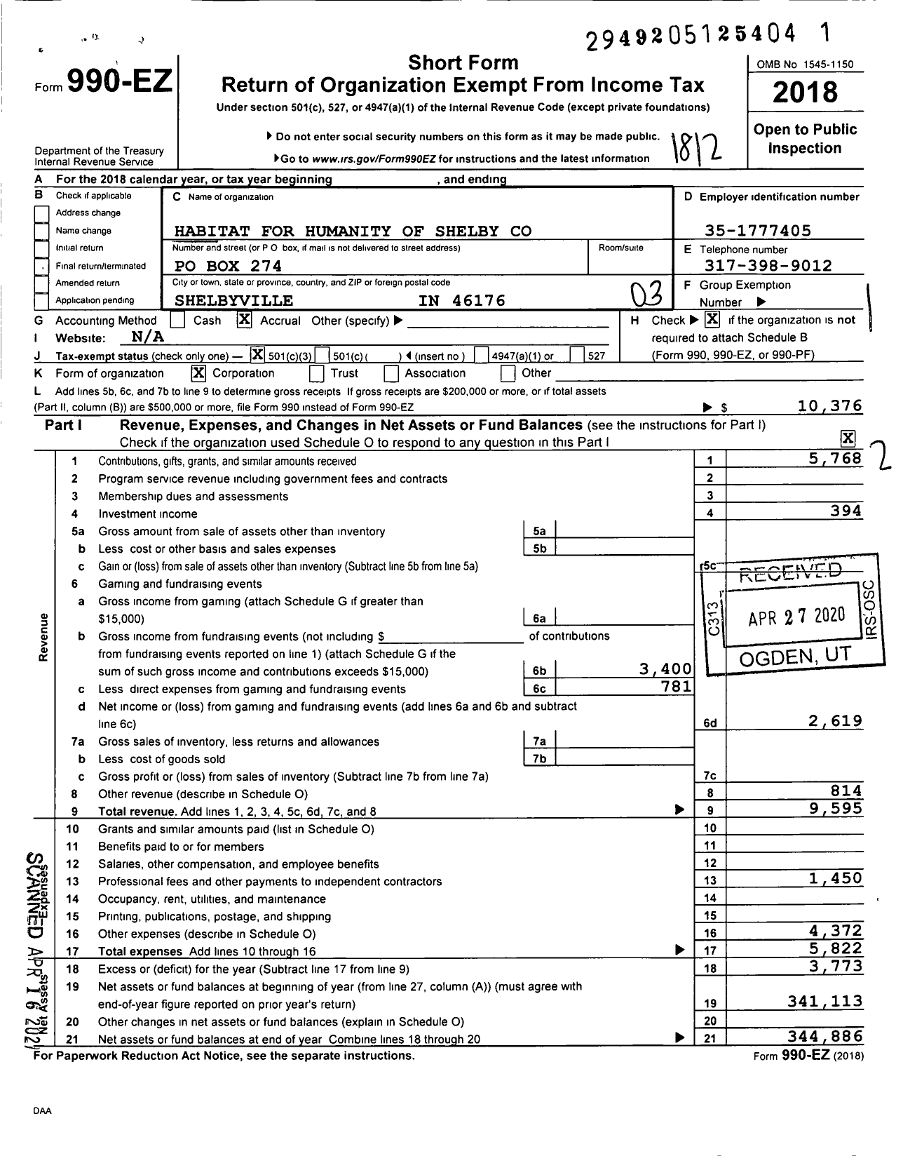 Image of first page of 2018 Form 990EZ for Habitat for Humanity - Shelby County HFH of