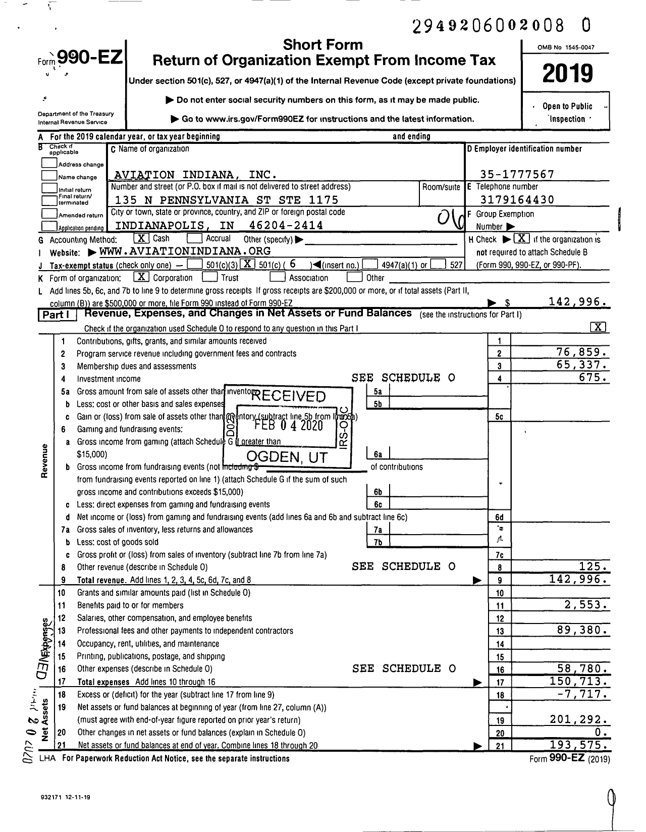 Image of first page of 2019 Form 990EO for Aviation Indiana